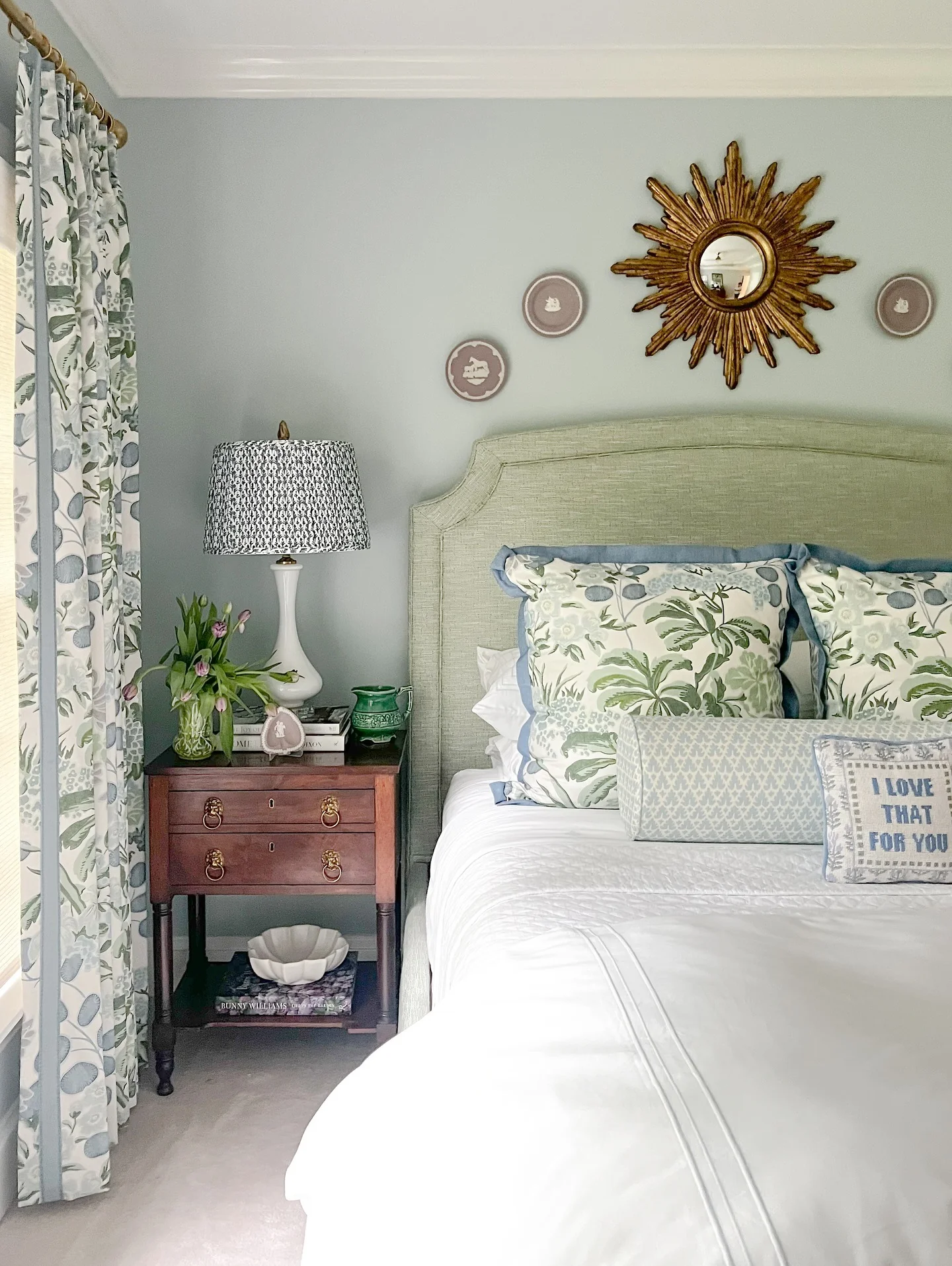 4. Fresh Botanical Layers in a Soft Green Room (Blue and Green Bedroom Ideas)