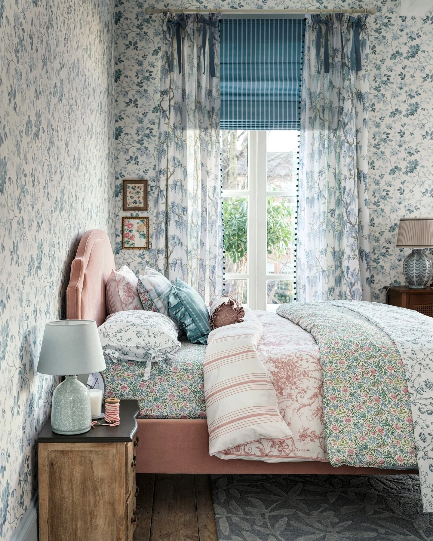 7. Cottage Floral in Blush and Sky (Blue and Green Bedroom Ideas)