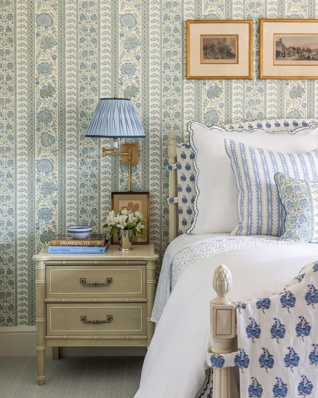 13. Pattern-Driven Vintage Blue Elegance (Blue and Green Bedroom Ideas)