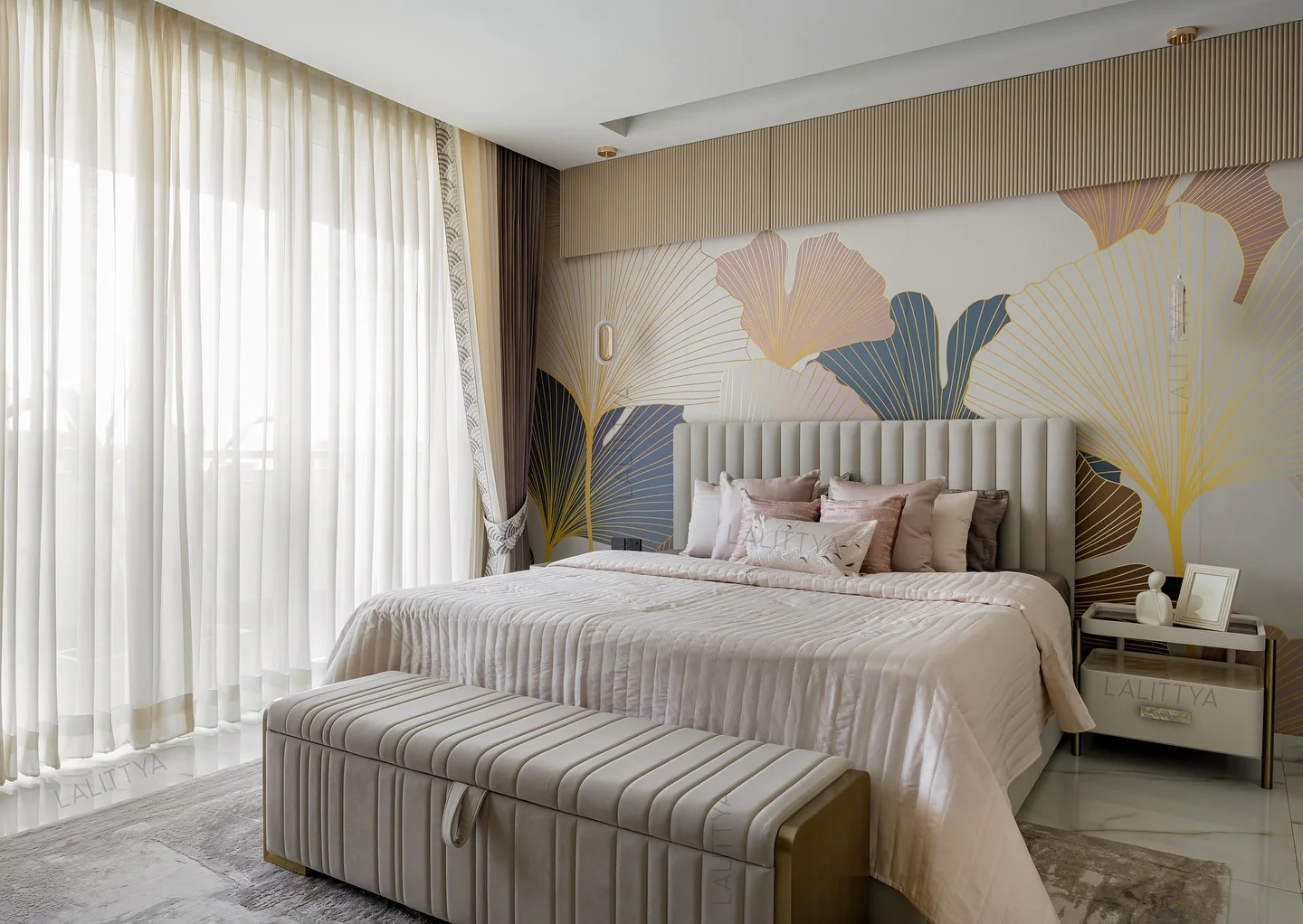 2. Contemporary Glam with Botanical Wall Accents (Pink and Gray Bedroom Ideas)