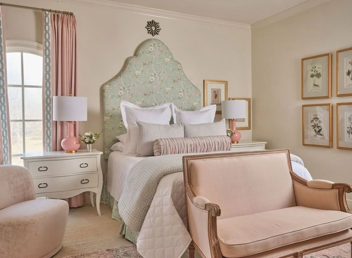 4. Vintage Garden Elegance with Soft Florals (Pink and Gray Bedroom Ideas)