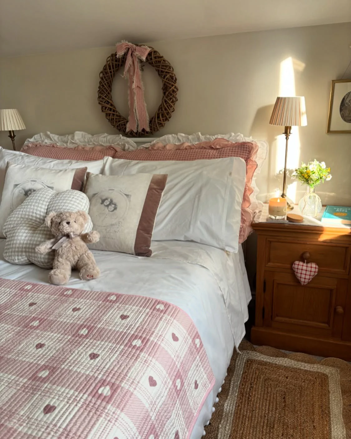 7. Country Cottage Sweetness with Gingham Accents (Pink and Gray Bedroom Ideas)