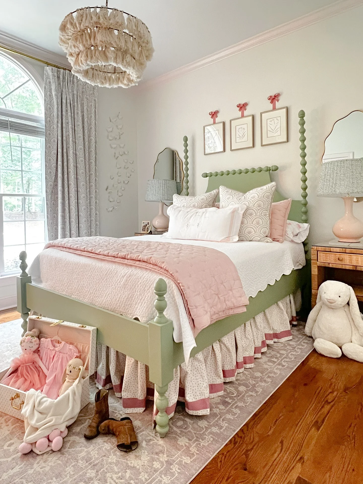 13. Whimsical Traditional with Sage and Soft Pink (Pink and Gray Bedroom Ideas)