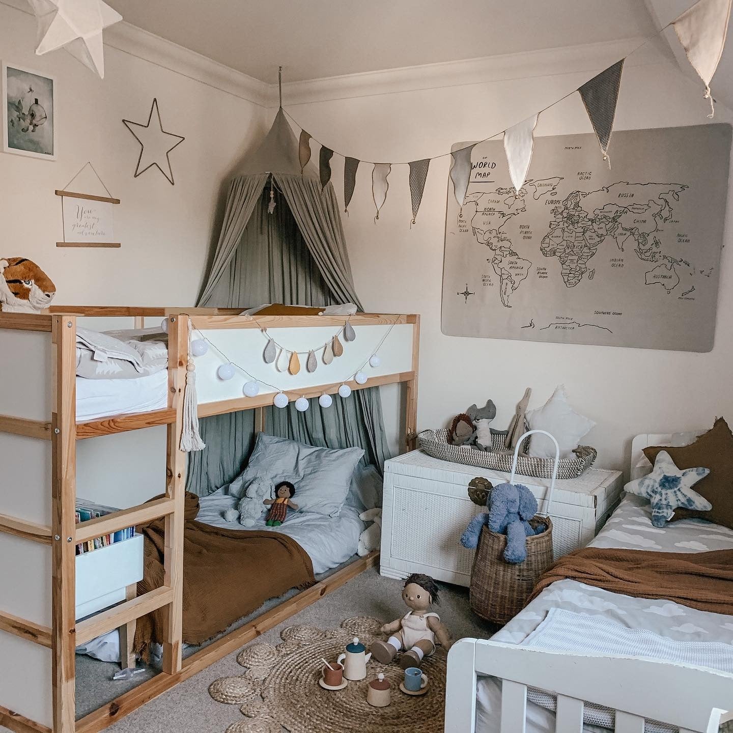 7. Shared Natural-Toned Bunk Space with Global Elements (childrens bedroom ideas)