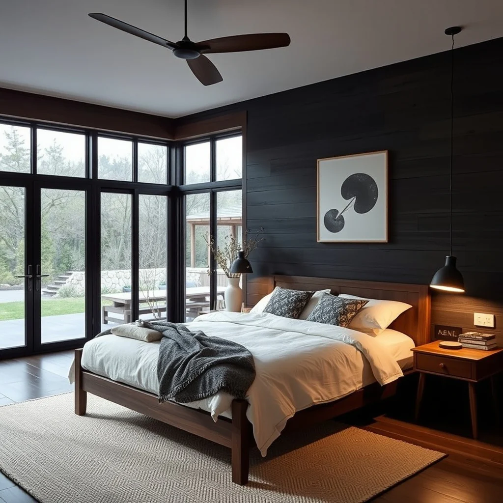 6. Mid-Century Inspired Black-Wood Contrast (Dark Wood Bedroom Ideas)