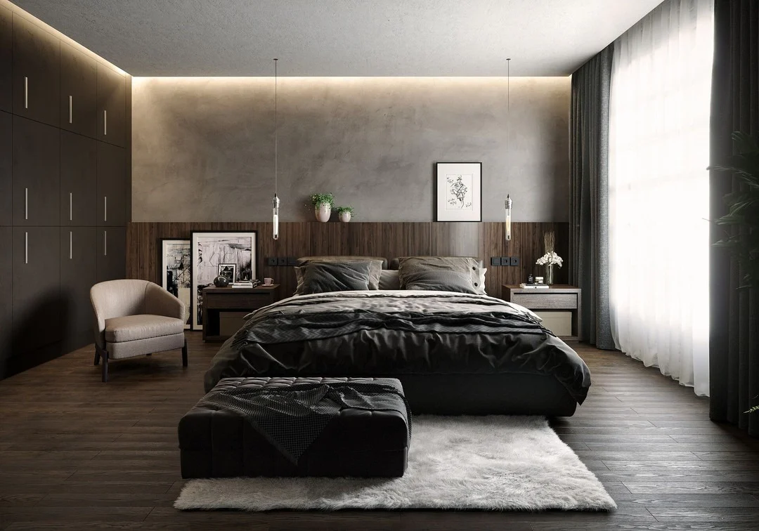 5. Minimal Luxe with Industrial Undertones (Dark Wood Bedroom Ideas)