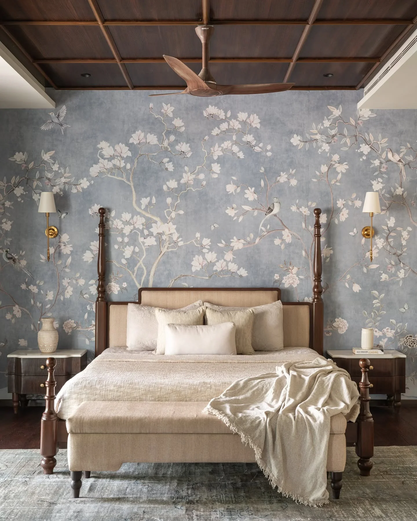 4. Botanical Mural and Carved Wood Detailing (Dark Wood Bedroom Ideas)