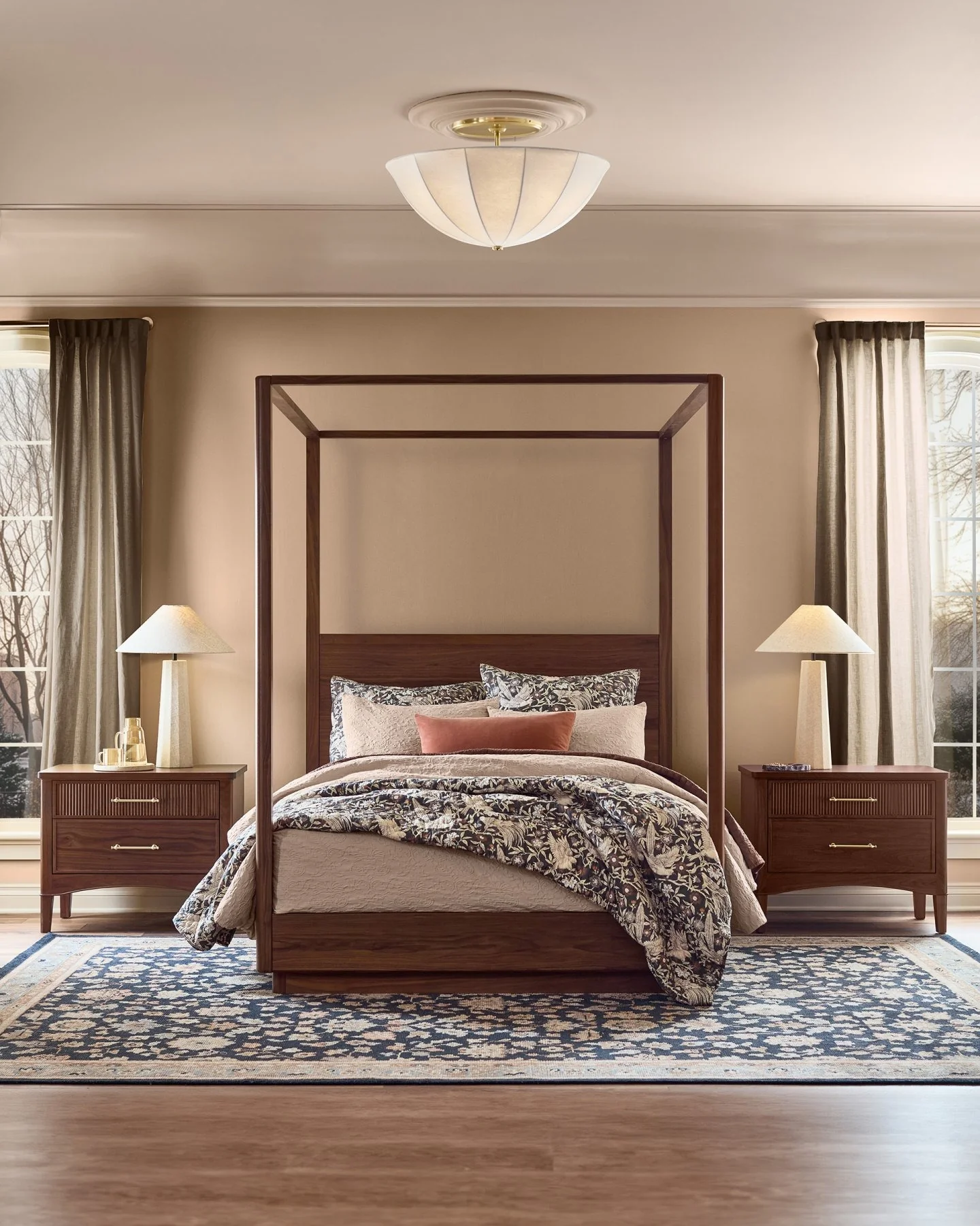 9. Classic Canopy with Rich Patterned Textiles (Dark Wood Bedroom Ideas)