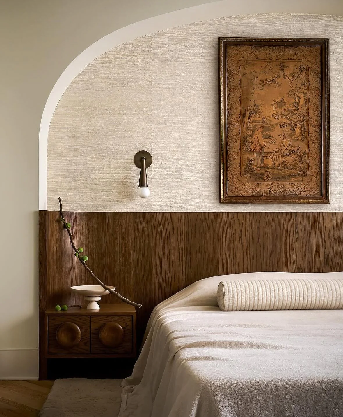 11. Sculpted Arch with Rustic Wood Detail (Dark Wood Bedroom Ideas)