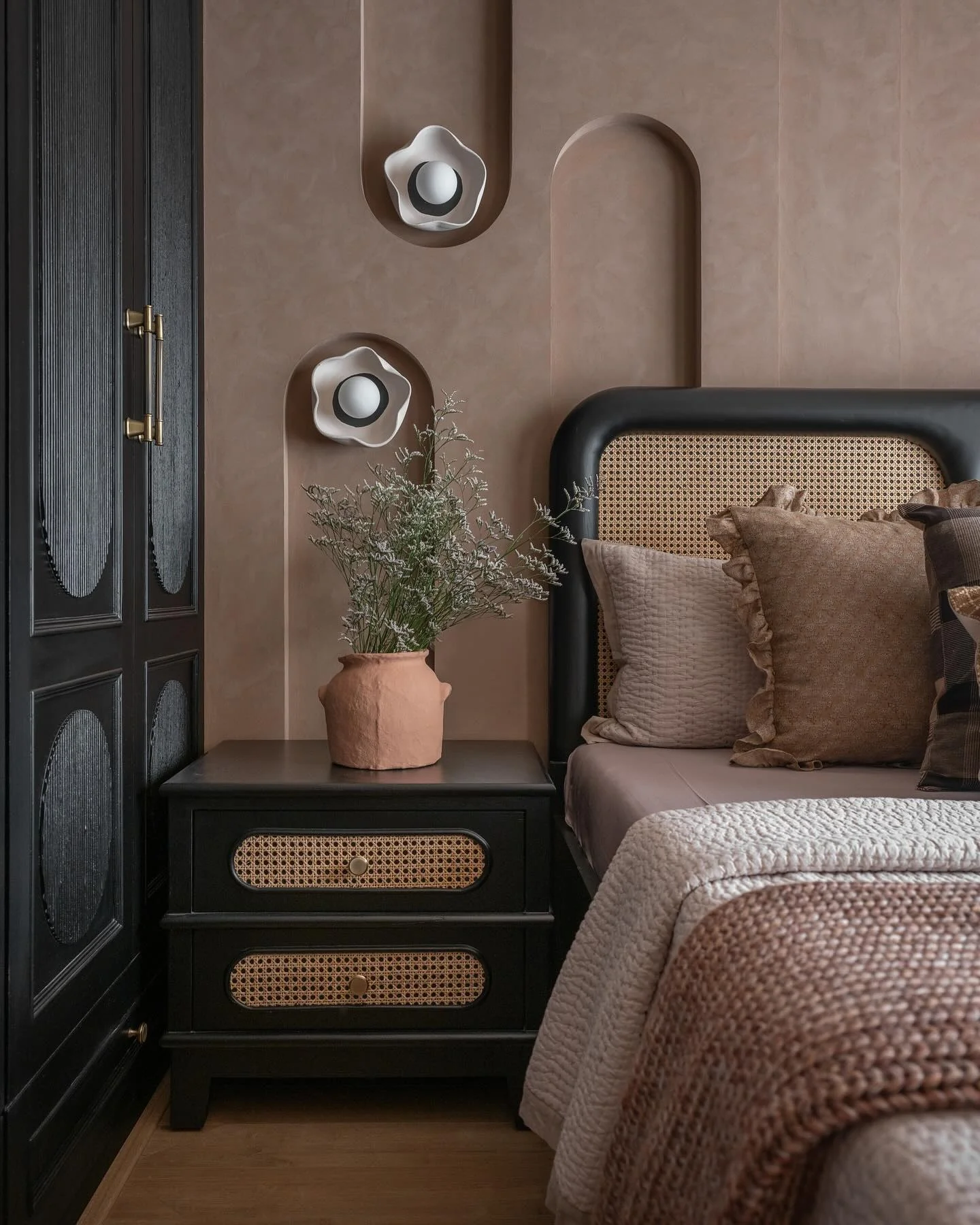 12. Textural Contrast with Cane and Cocoa Tones (Dark Wood Bedroom Ideas)