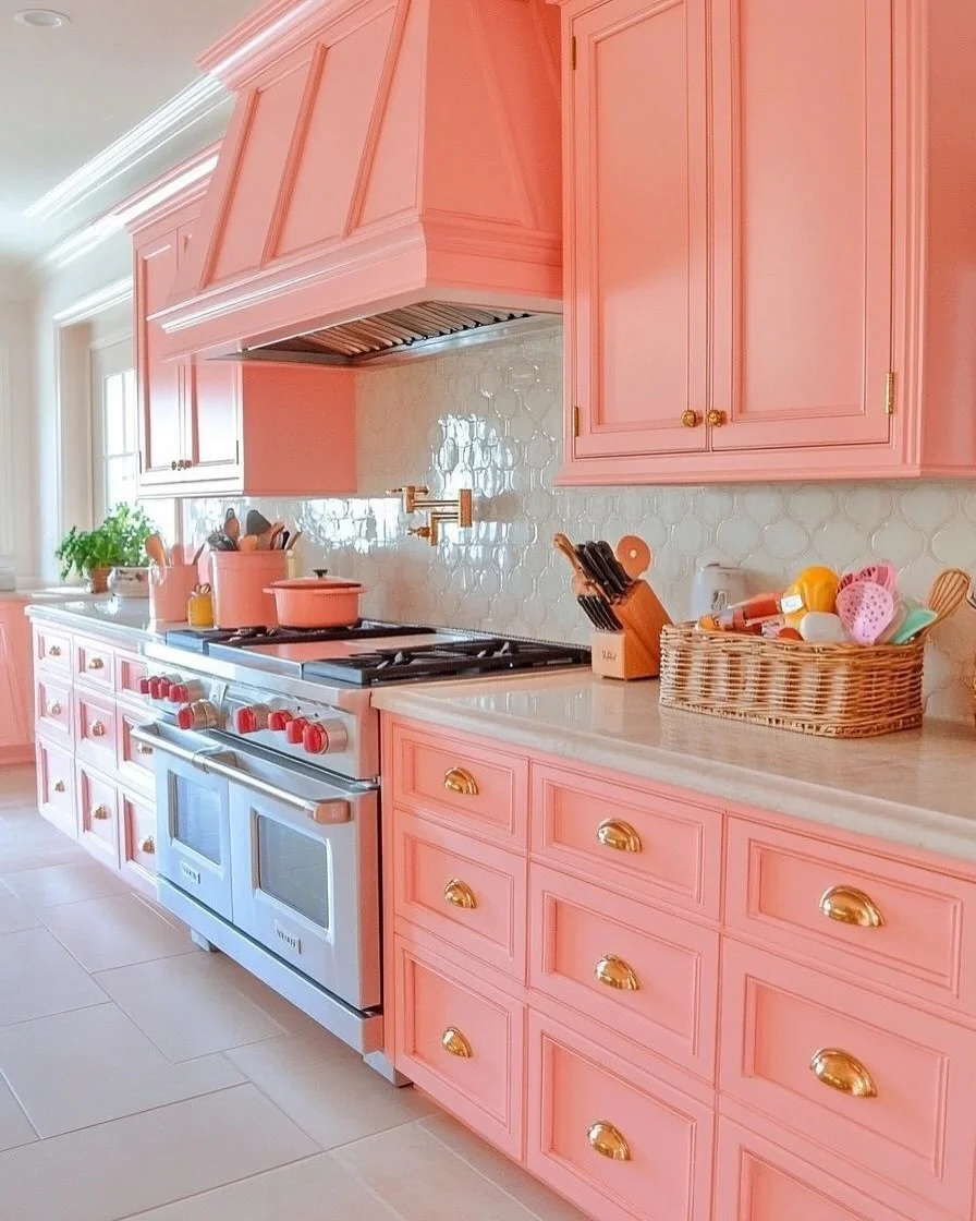 5. Bubblegum Coral with Gold Accents (Kitchen Cabinet Color Ideas)