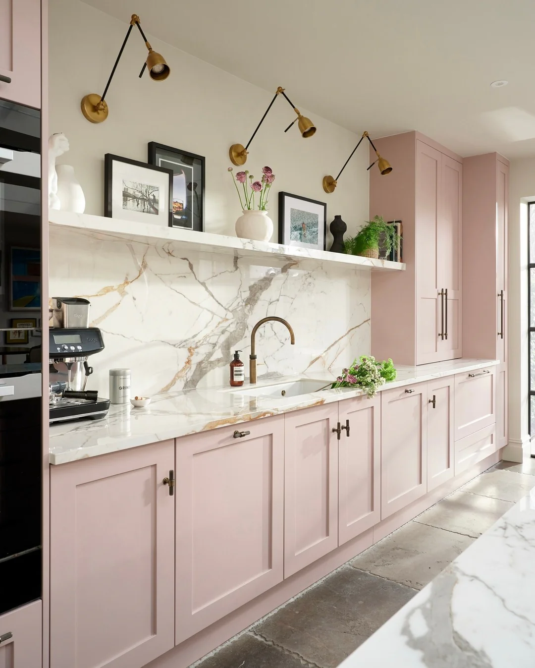 8. Dusty Rose with Dramatic Marble (Kitchen Cabinet Color Ideas)