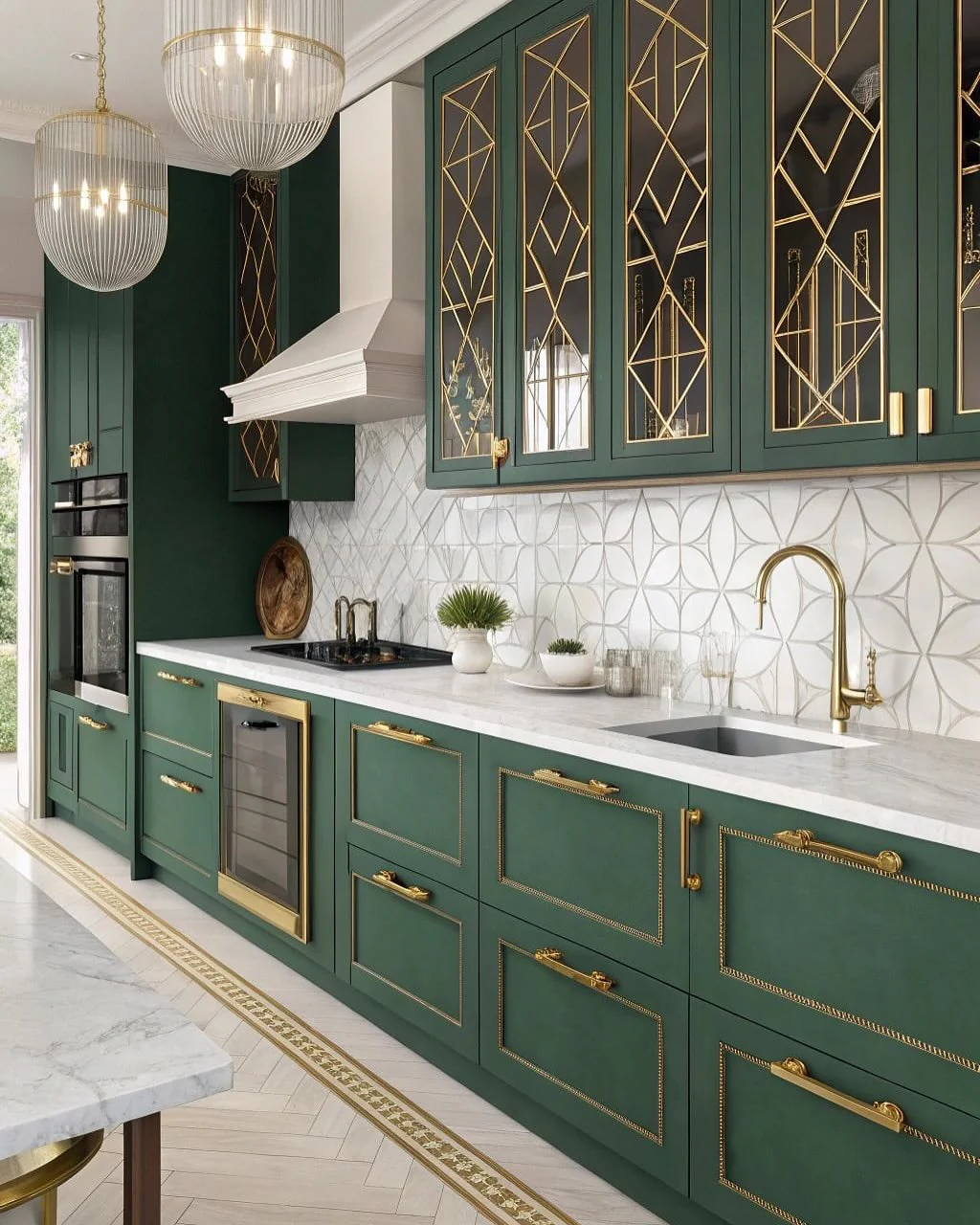 7. Hunter Green with Luxe Brass Detailing (Kitchen Cabinet Color Ideas)