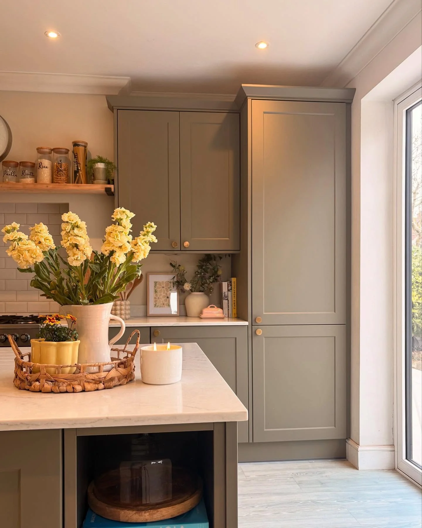 15. Mushroom Green with Light Gold Fixtures (Kitchen Cabinet Color Ideas)