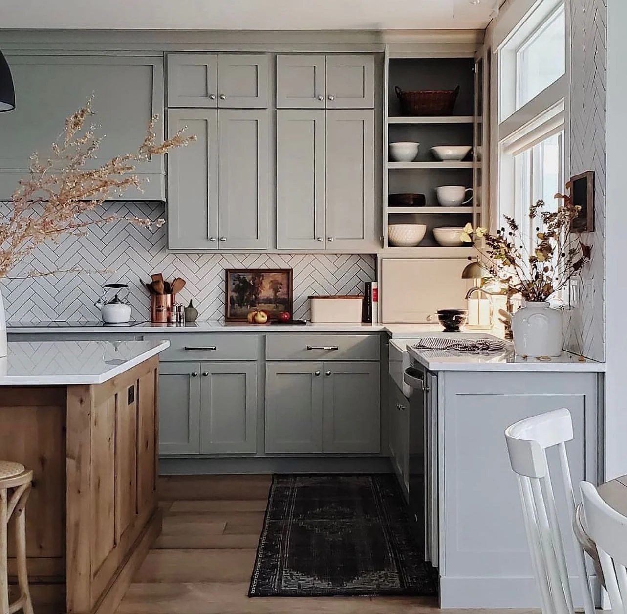 14. Dusty Blue-Green with White and Natural Wood (Kitchen Cabinet Color Ideas)