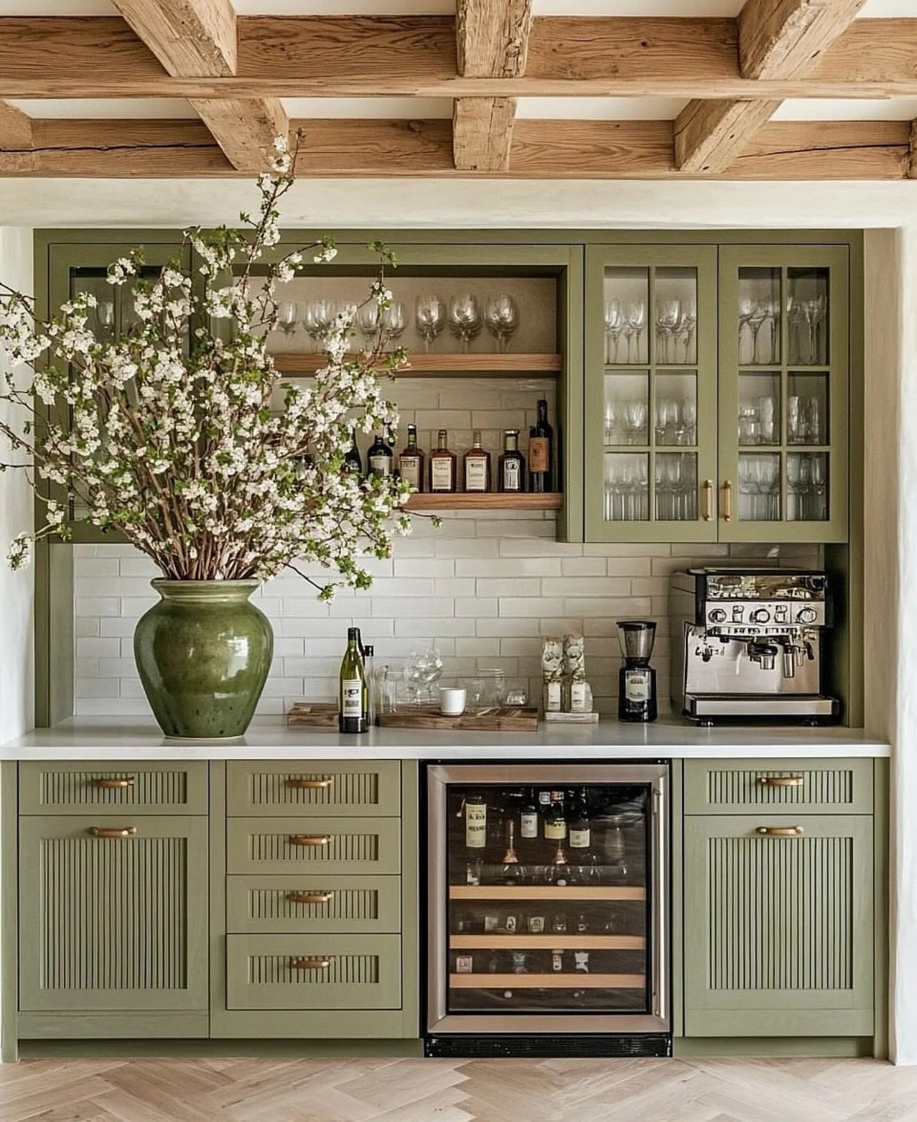 13. Olive Green with Fluted Details and Wood Accents (Kitchen Cabinet Color Ideas)