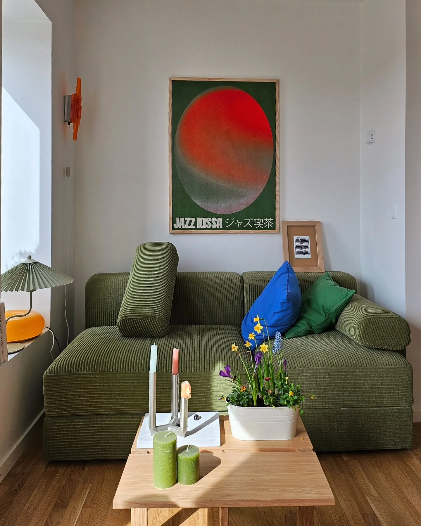 9. Retro Pop with Corduroy Texture (Sage Green Living Room Ideas)