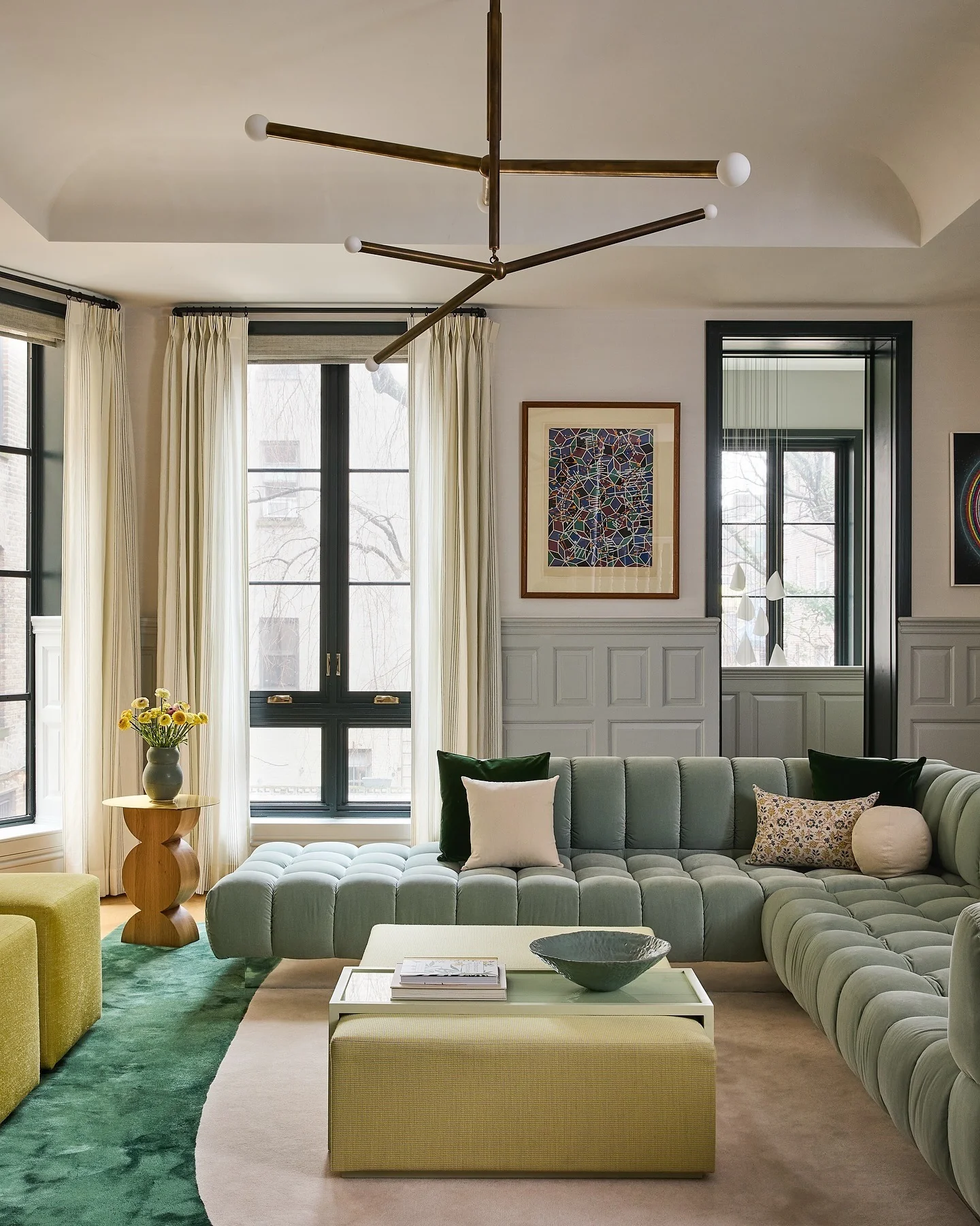 10. Tailored Geometry in Soft Green Upholstery (Sage Green Living Room Ideas)