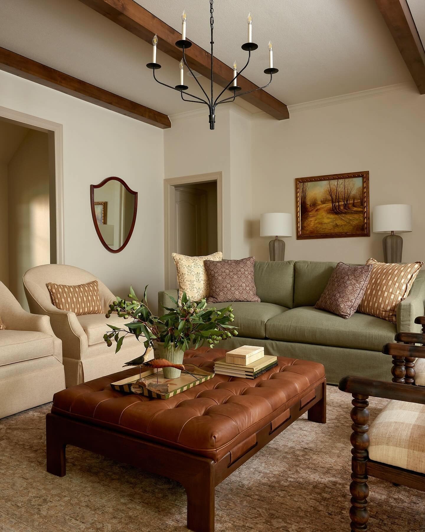 12. Classic Richness with Olive and Leather Accents (Sage Green Living Room Ideas)