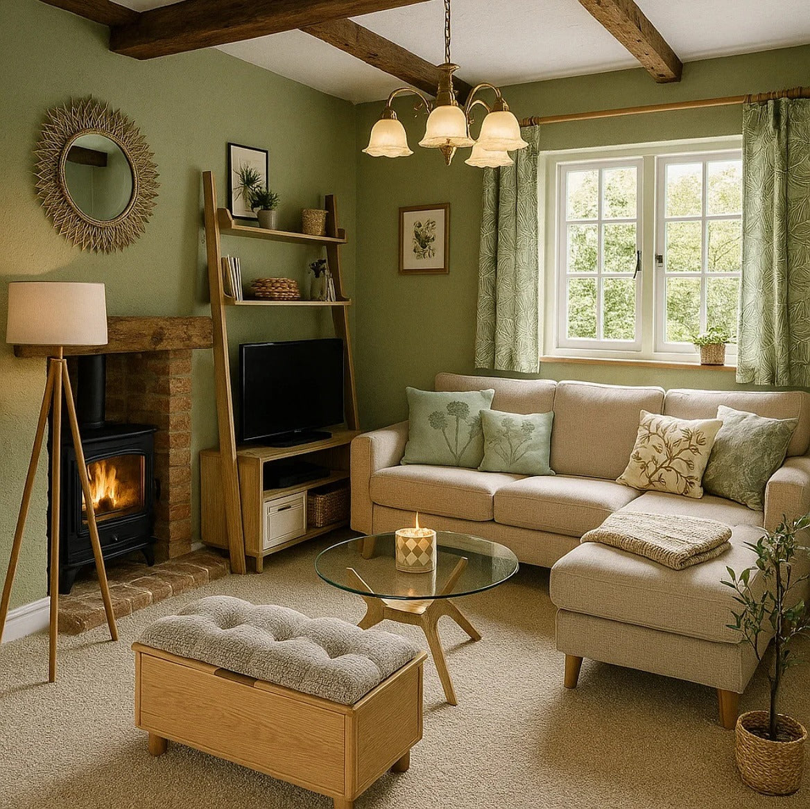 13. Cozy Cottage Charm with Warm Sage Walls (Sage Green Living Room Ideas)