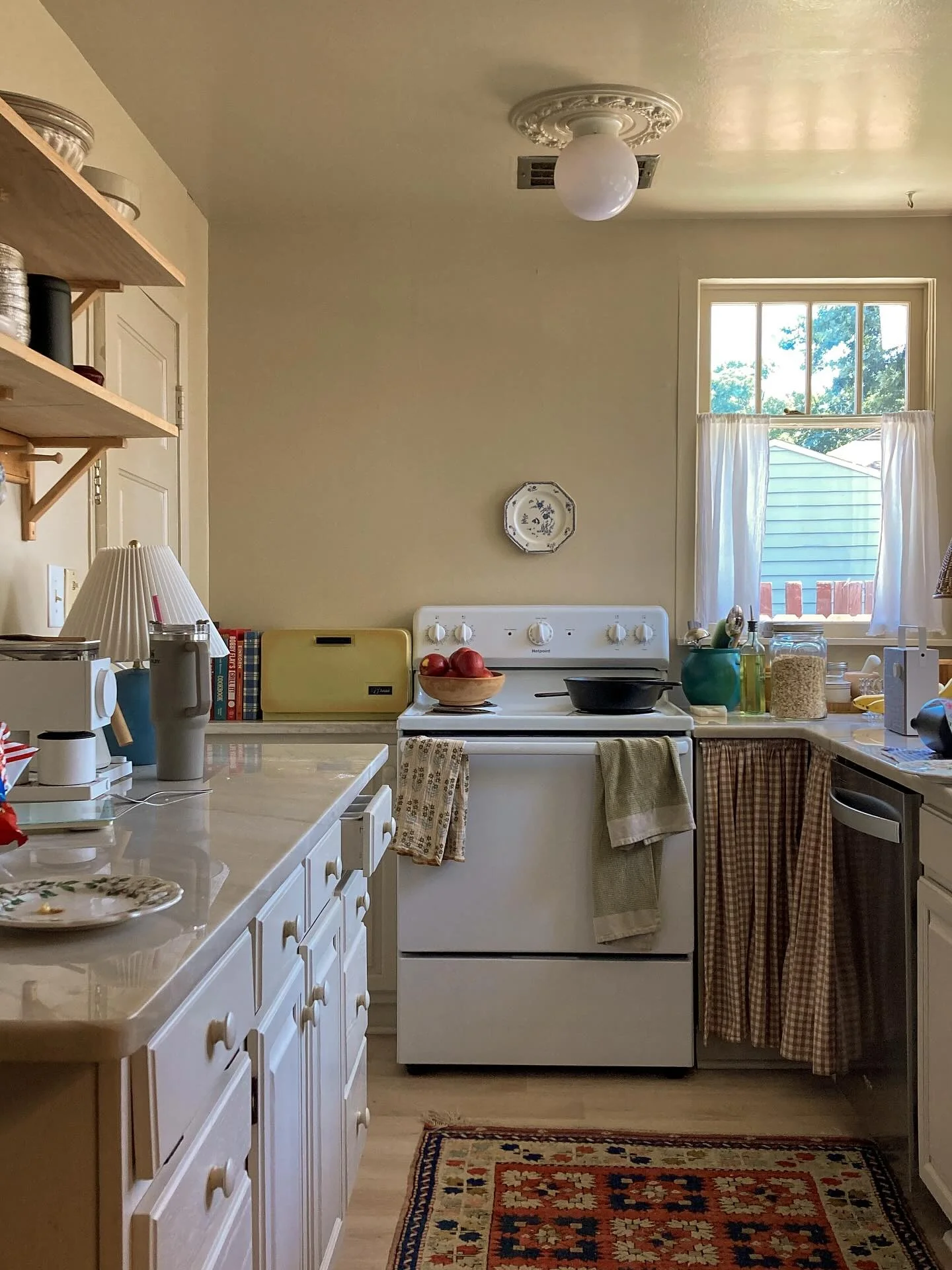 10. Eclectic Vintage Kitchen with Soft Neutrals and Gingham Skirts (Small Cozy Kitchen Ideas)