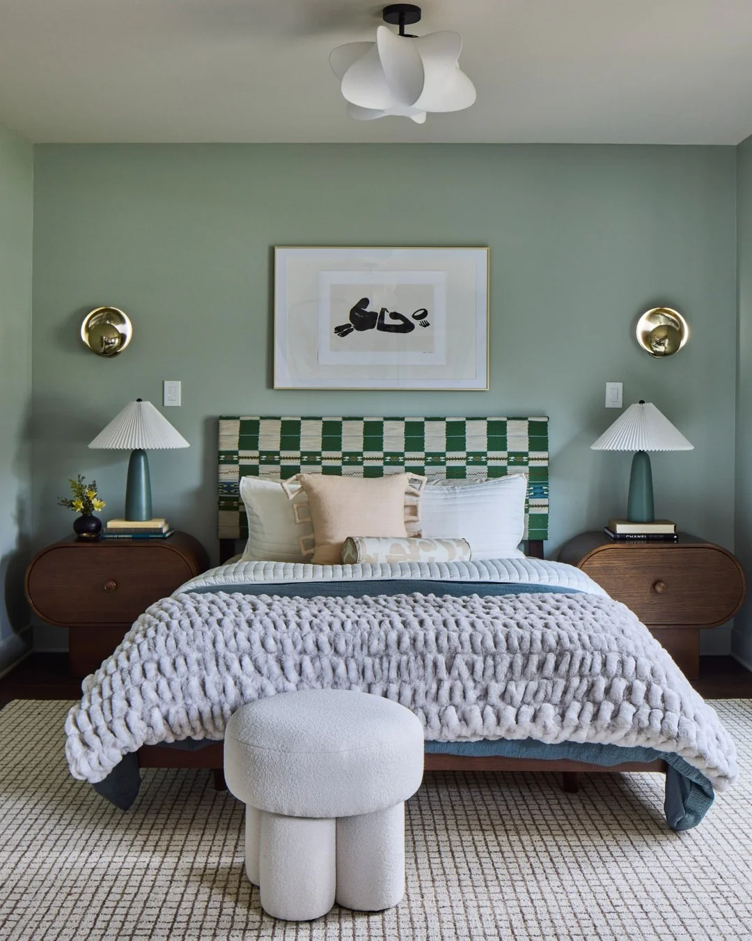 4. Retro Meets Modern in Sage Tones (Light Green Bedroom Ideas)