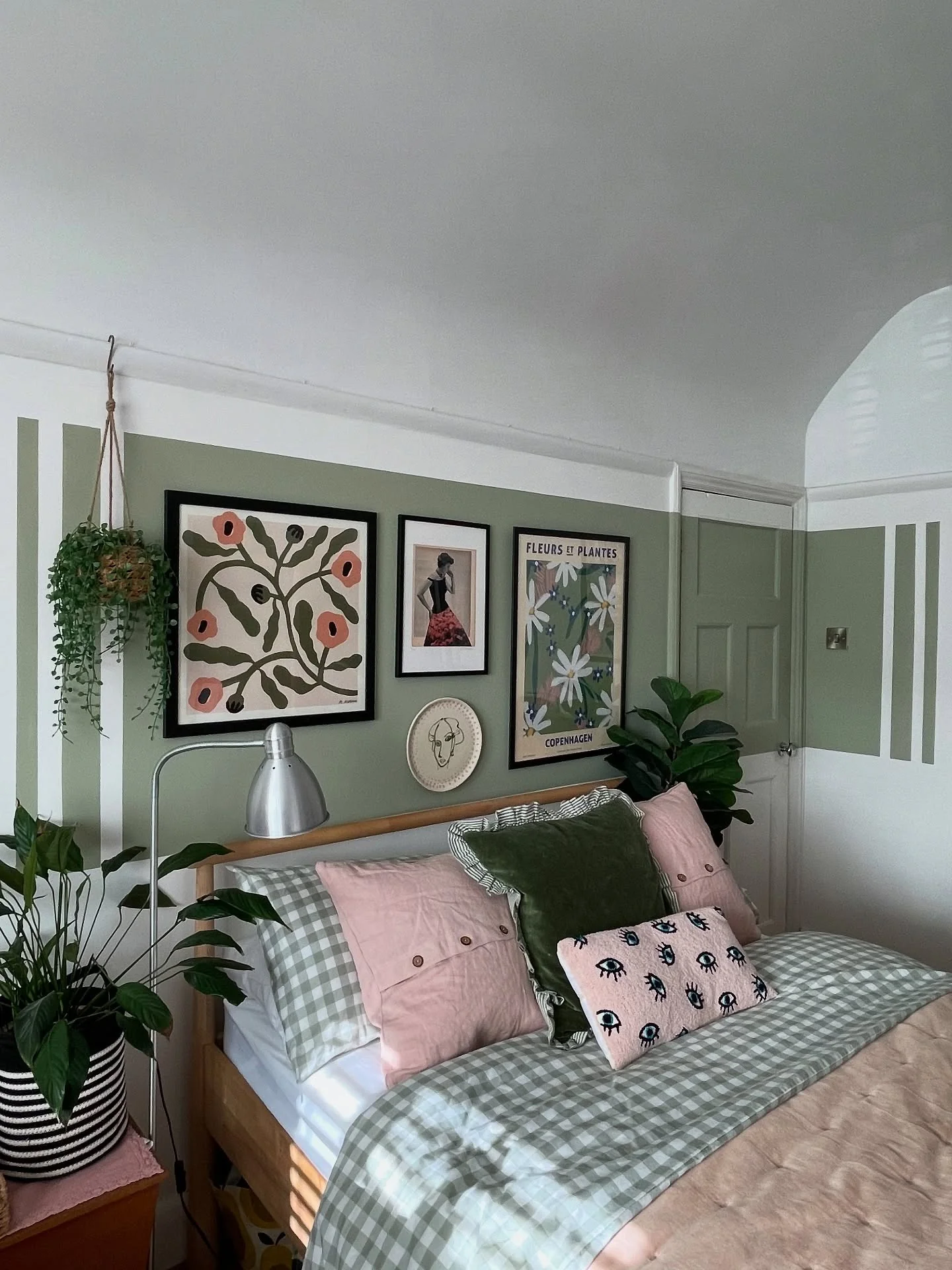 8. Botanical Gallery Meets Sage Stripes (Light Green Bedroom Ideas)