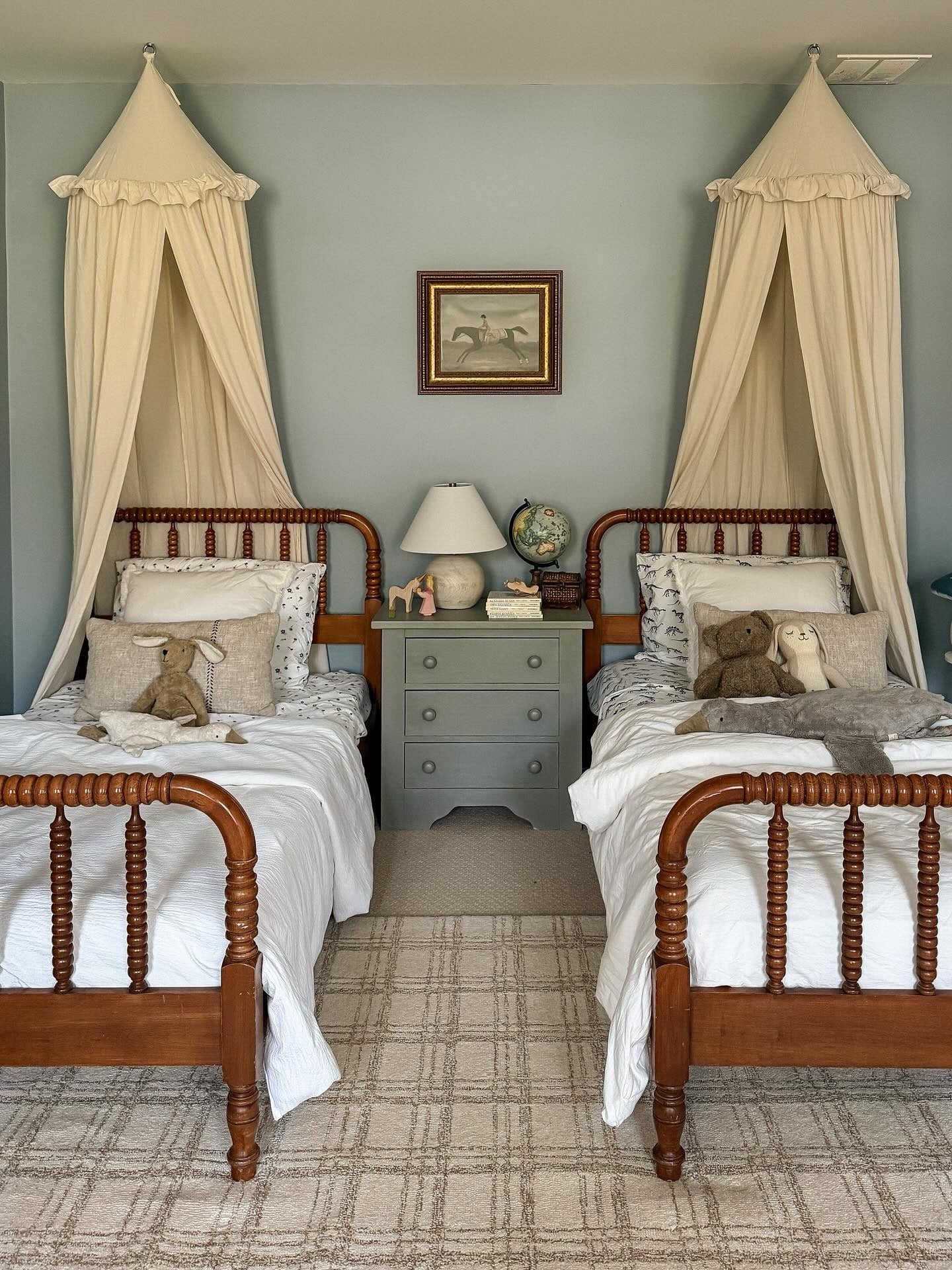 10. Twin Elegance with Soft Blue-Green (Light Green Bedroom Ideas)