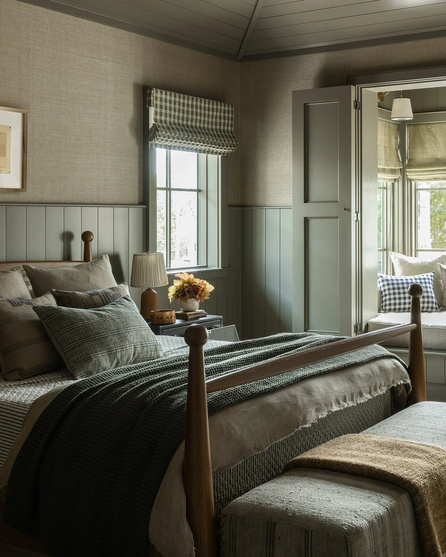 9. Classic Lodge-Inspired Comfort (Light Green Bedroom Ideas)