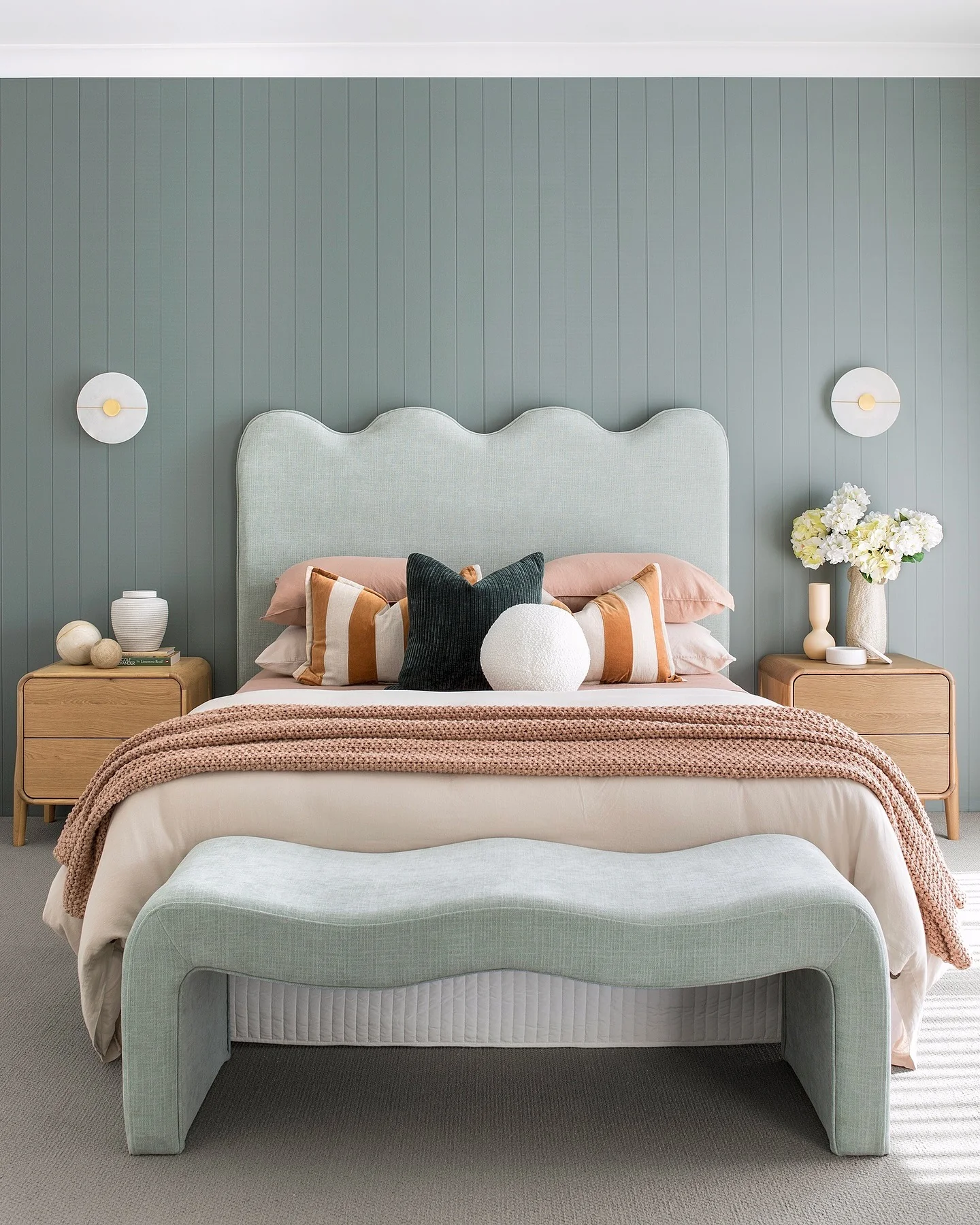 14. Sage Paneling with Sculptural Forms (Light Green Bedroom Ideas)