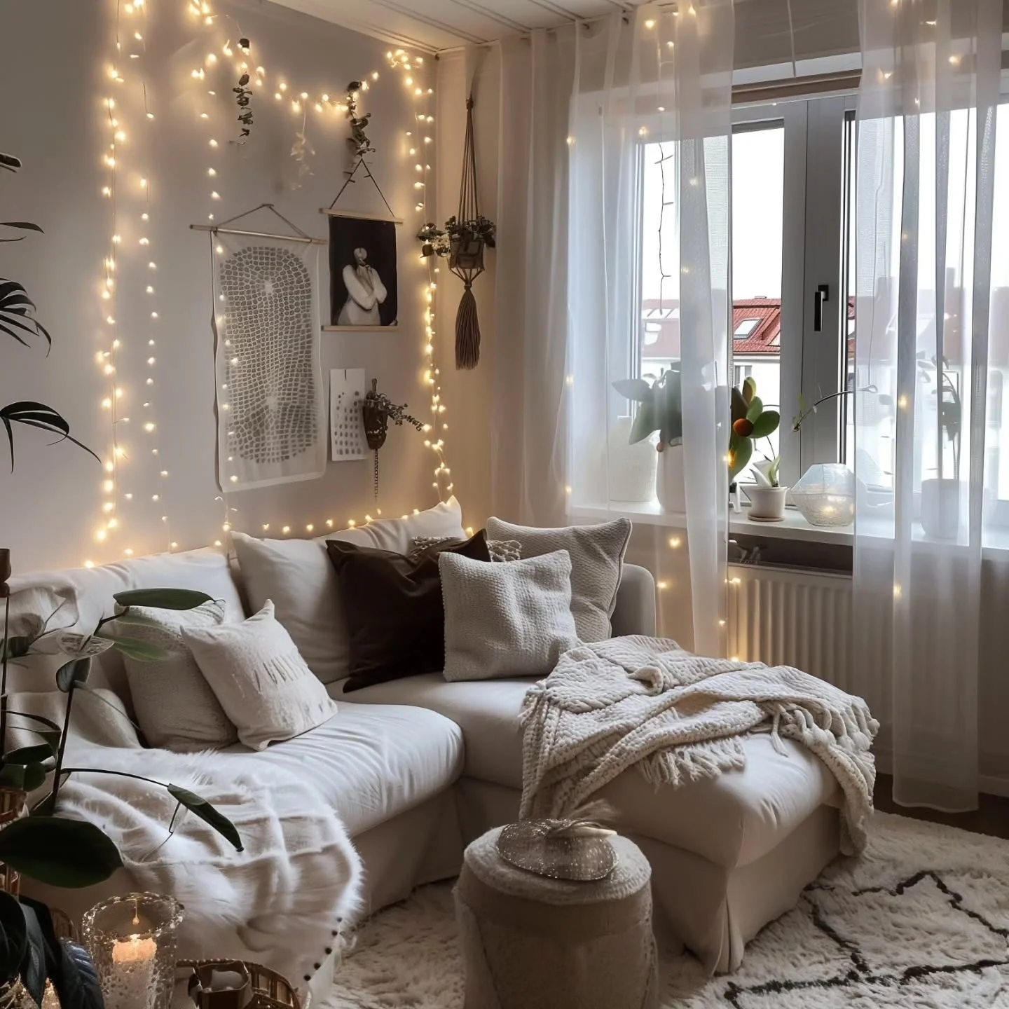 3. Cozy Neutral Sanctuary with String Lighting (Tiny Living Room Ideas)