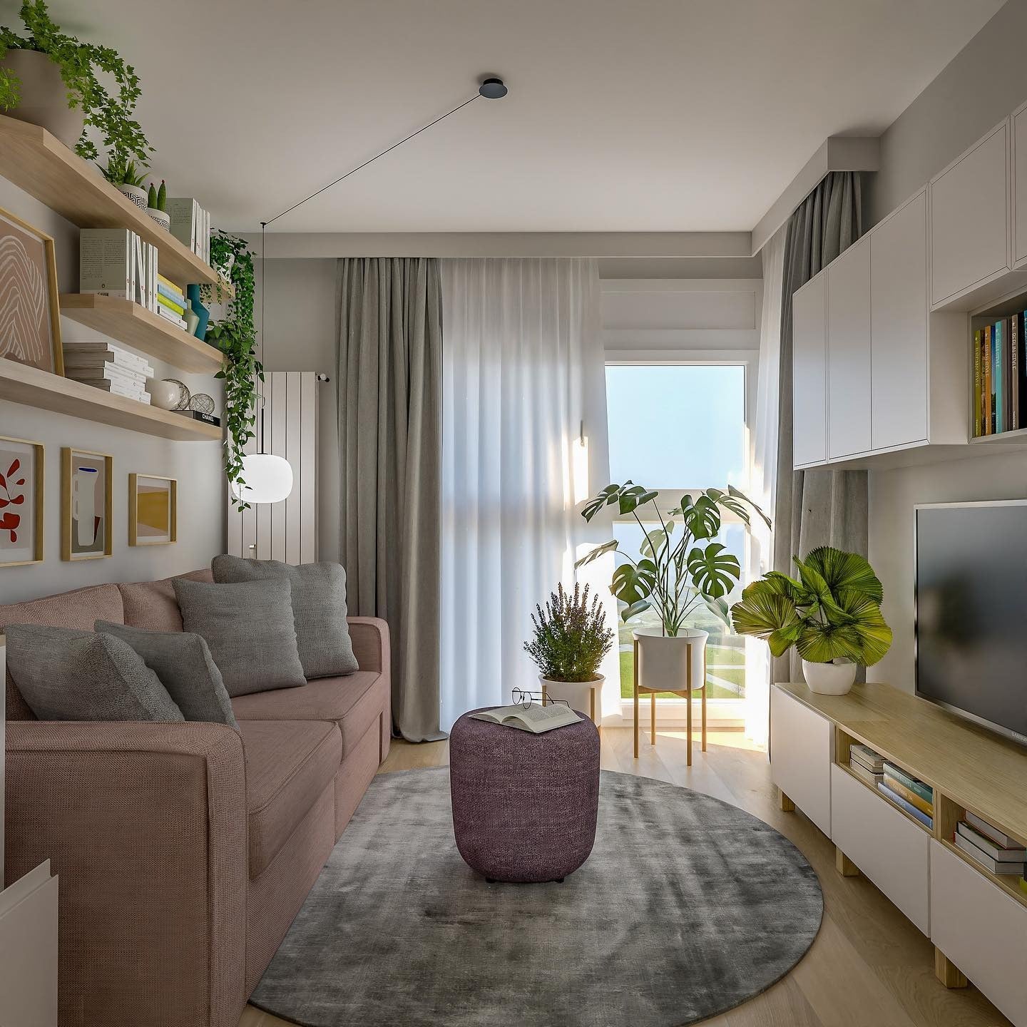 7. Soft Contrast with Muted Mauves and Greens (Tiny Living Room Ideas)