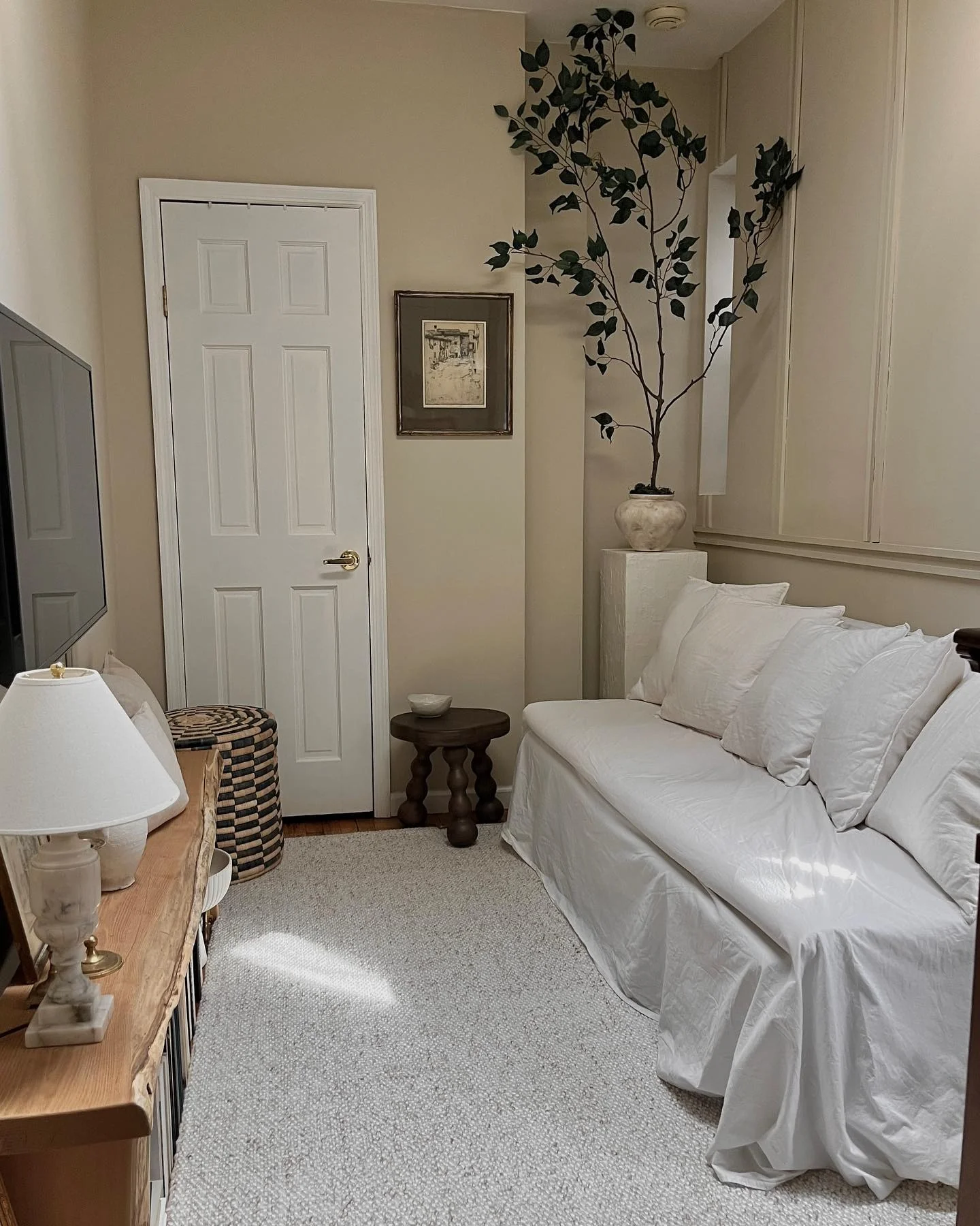 8. Narrow Layout with Monochrome Softness (Tiny Living Room Ideas)