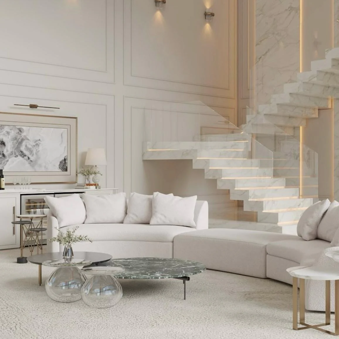 3. Marble Accents in a Luxe Modern Lounge (Living Room Floor Ideas)