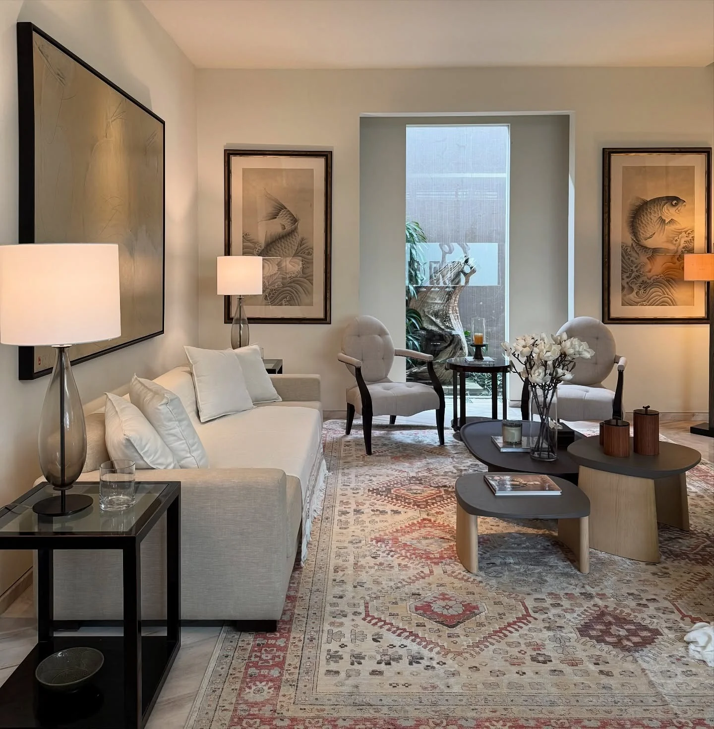 4. Refined Neutrals with Heritage Patterning (Living Room Floor Ideas)
