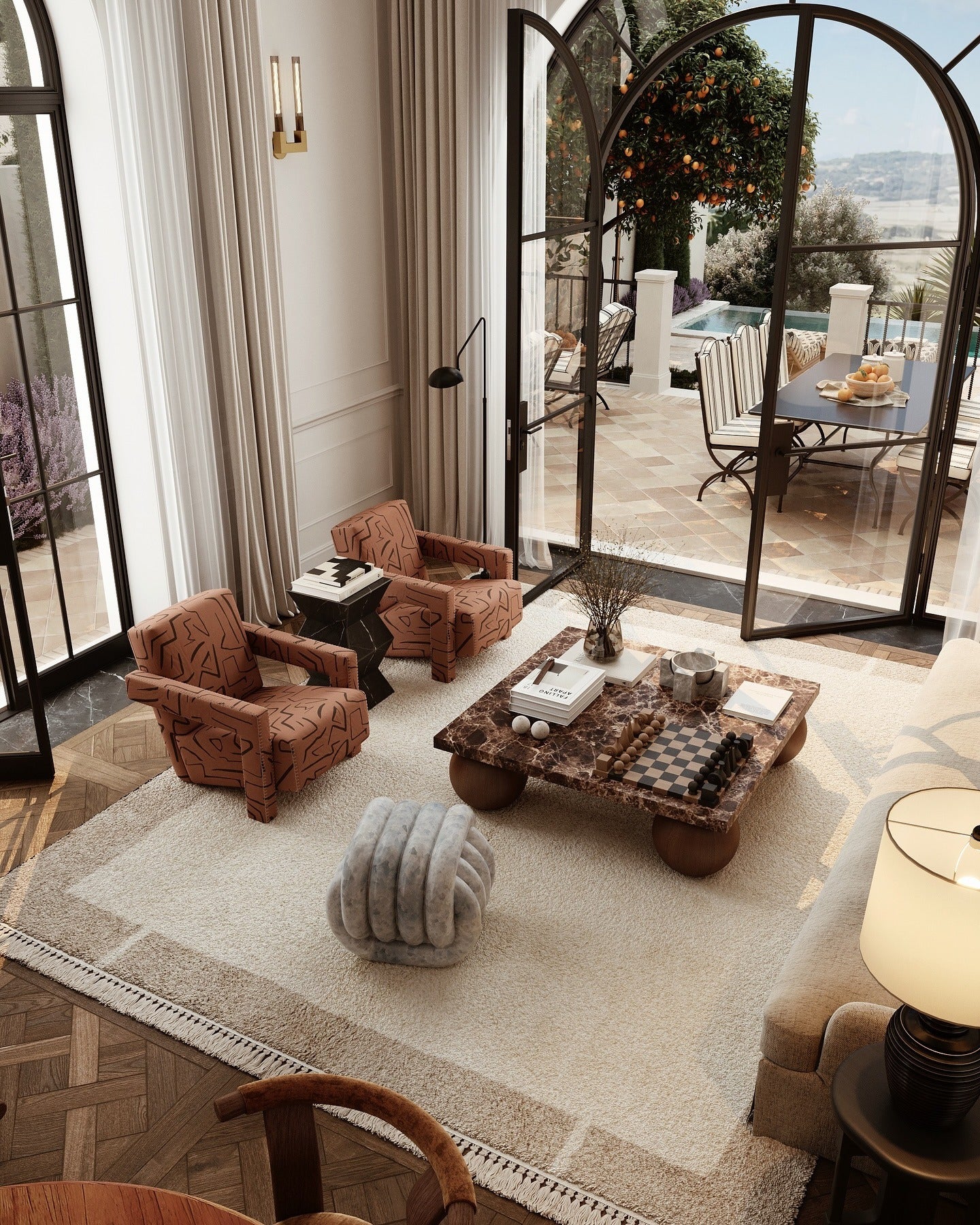 7. Organic Warmth in a Mediterranean-Inspired Space (Living Room Floor Ideas)