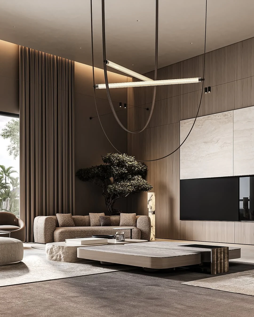 9. Layered Tones with Statement Lighting (Living Room Floor Ideas)