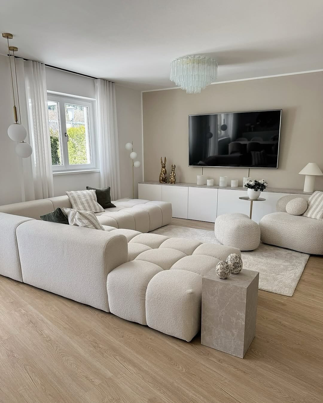 14. Scandinavian Blonde Wood with Textured Bouclé Seating (Living Room Floor Ideas)