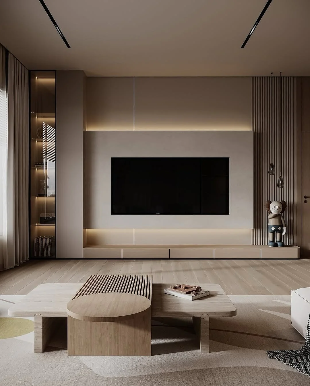 15. Matte Timber Planks Framed by Architectural Lighting (Living Room Floor Ideas)