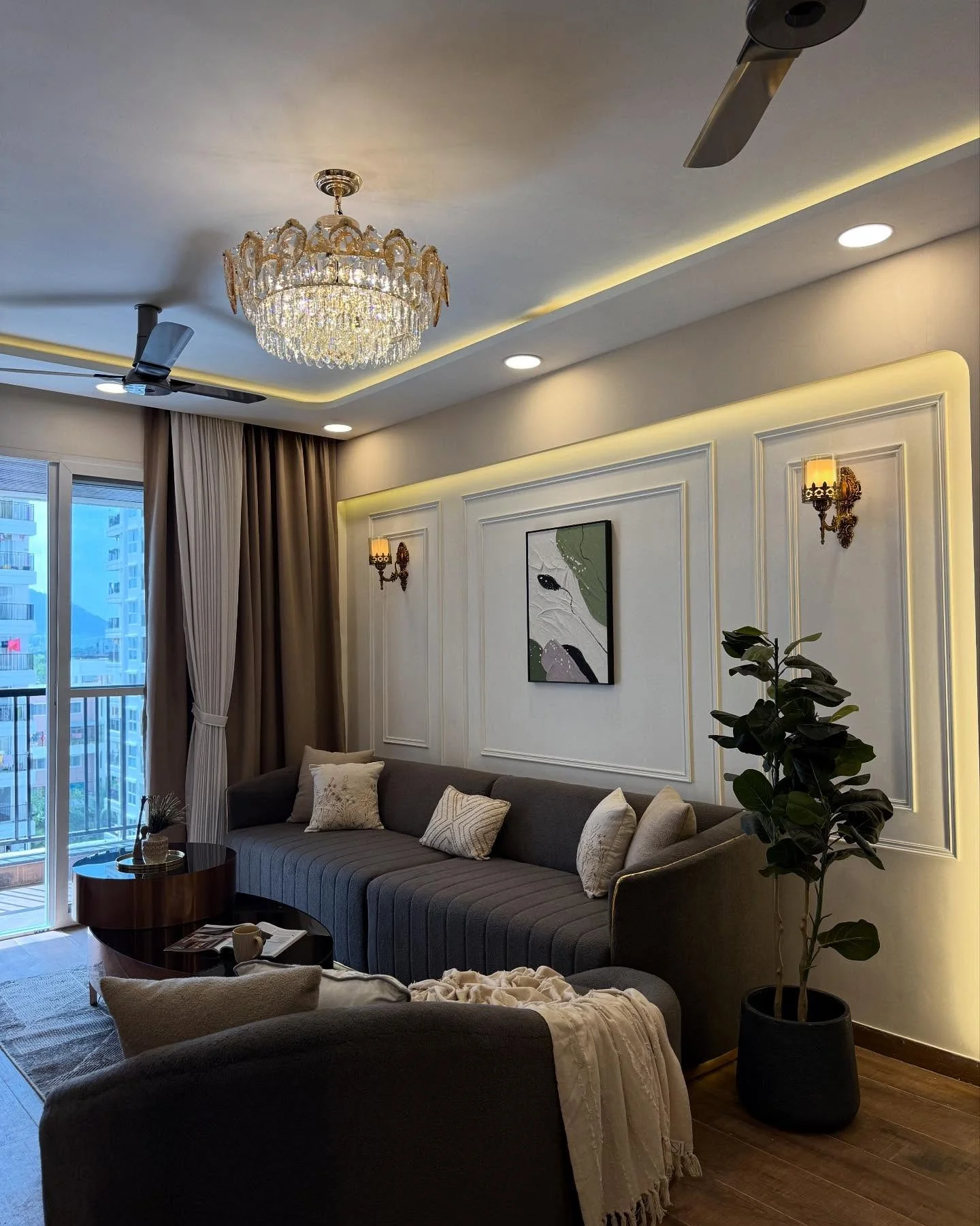 12. Moody Elegance With Champagne Lighting (Formal Living Room Ideas)