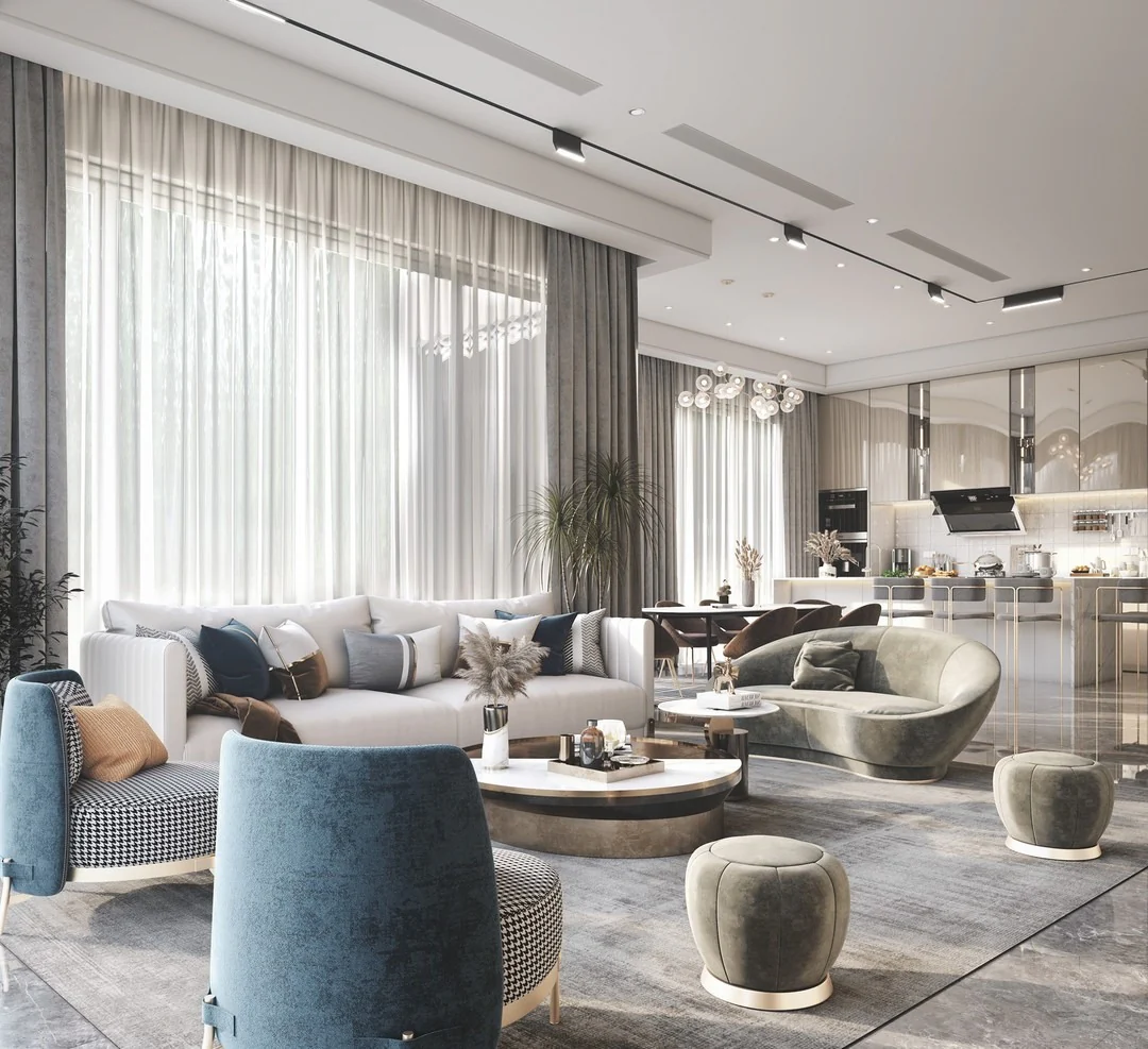 2. Contemporary Luxe with Blue Accents (Blue and Grey Living Room Ideas)