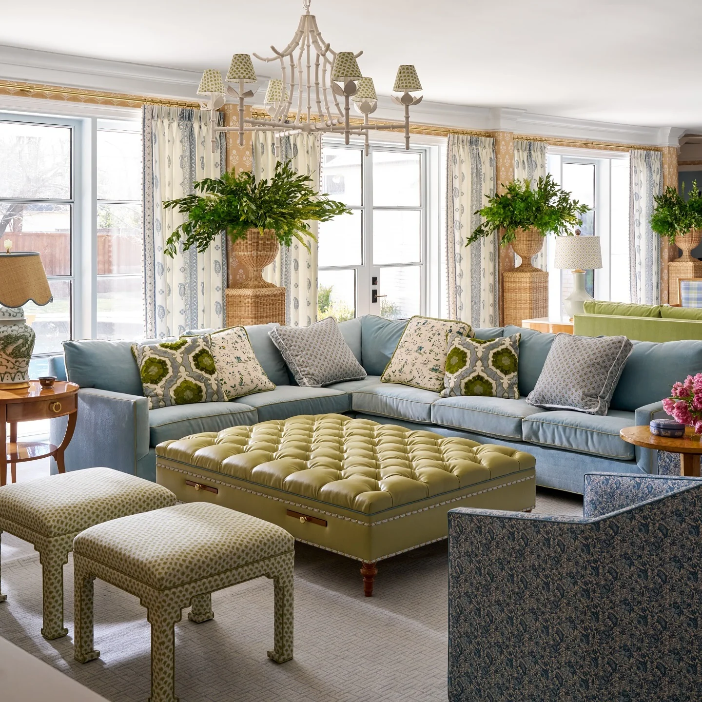 13. Playful Traditional with Sky Blue and Green (Blue and Grey Living Room Ideas)
