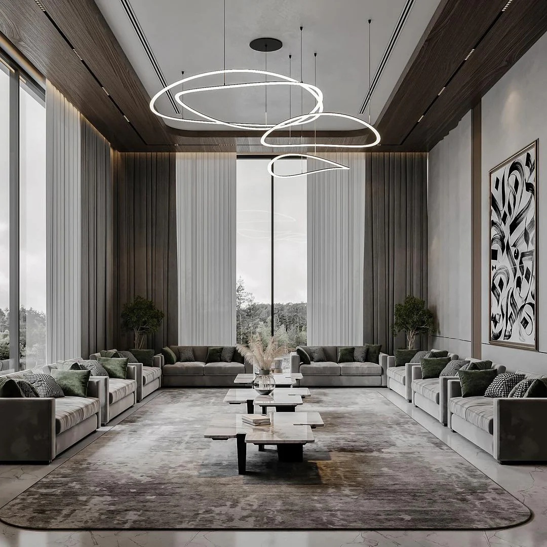 6. Grand Proportions with Symmetrical Balance (Gray Living Room Ideas)