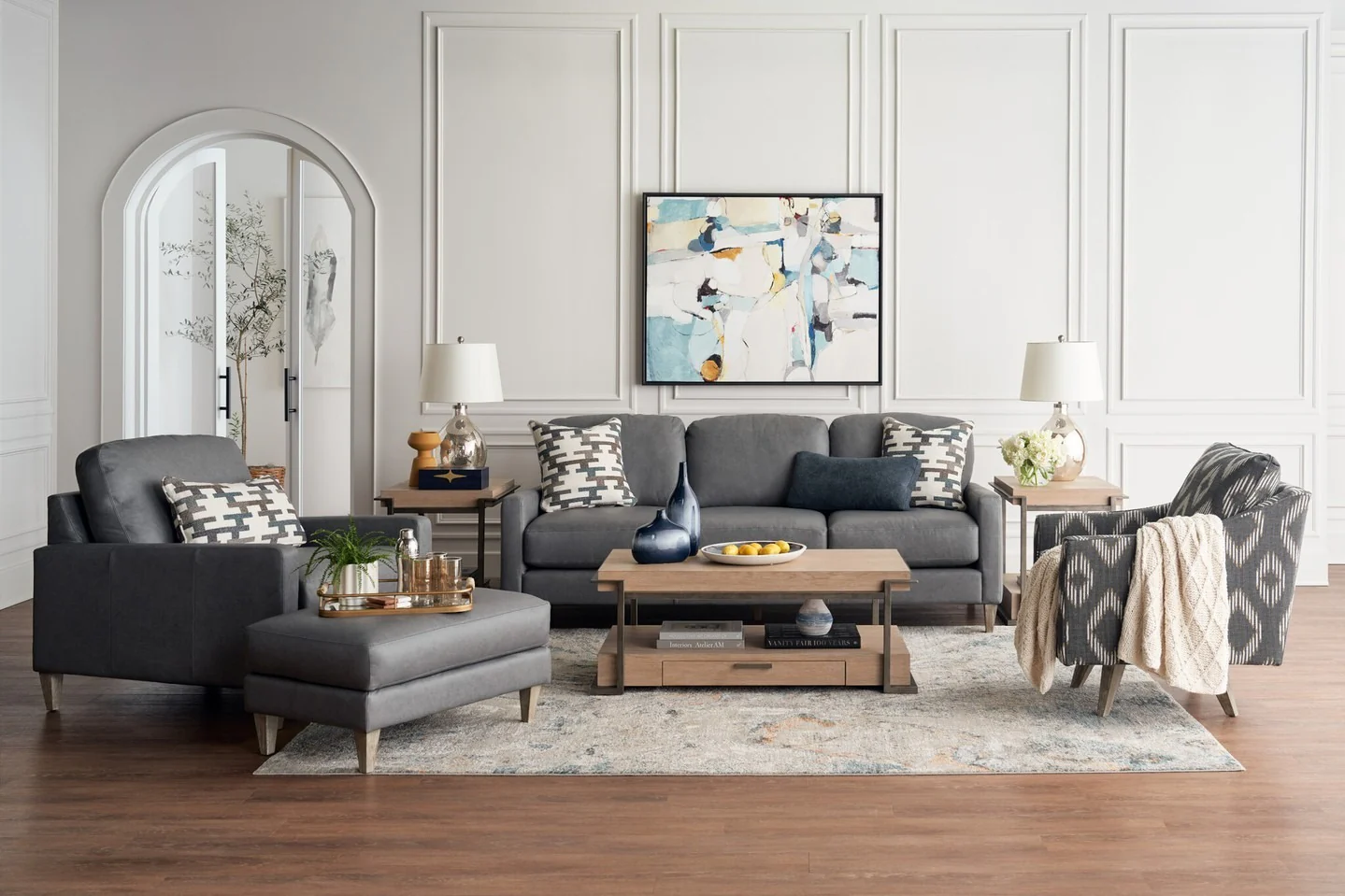 8. Transitional Comfort with Subtle Color Accents (Gray Living Room Ideas)