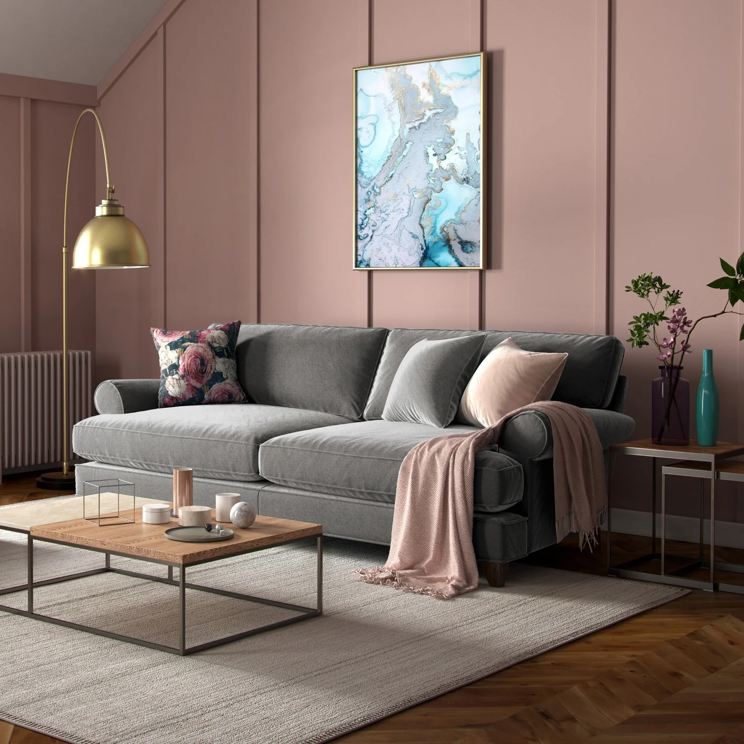 9. Chic Contrast with Blush Accents (Gray Living Room Ideas)