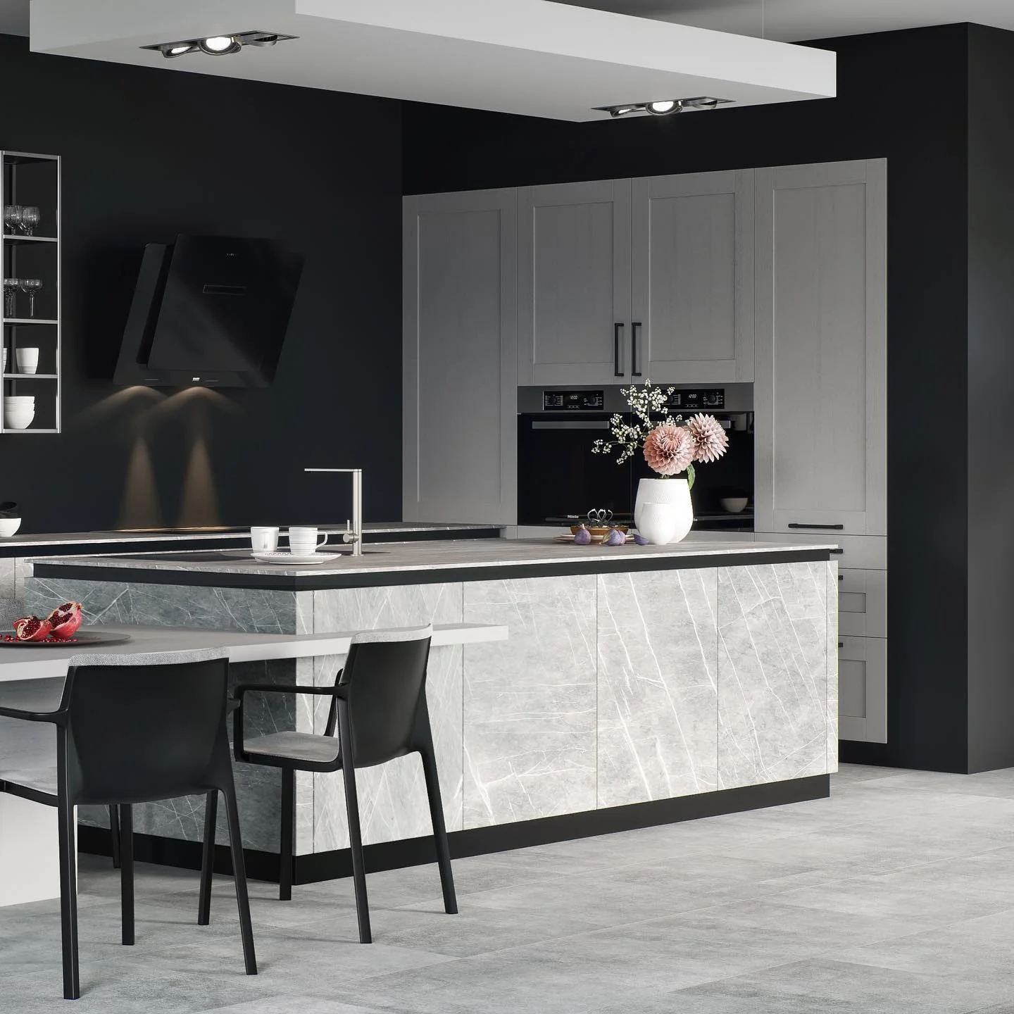 6. Subtle Glamour with Gray Veining (Black Kitchen Ideas)