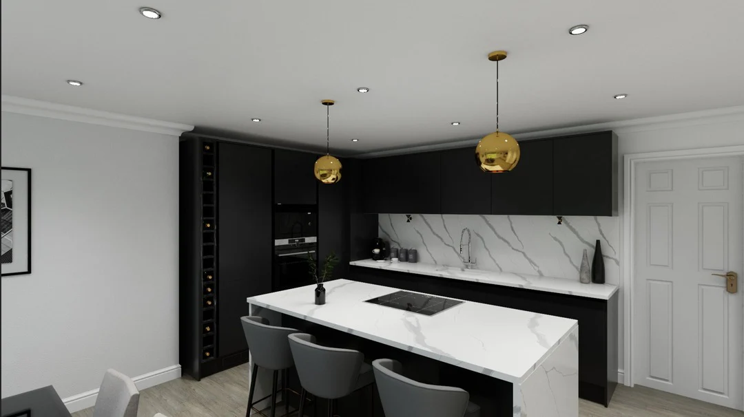 8. Monochrome Statement with Marble Accents (Black Kitchen Ideas)