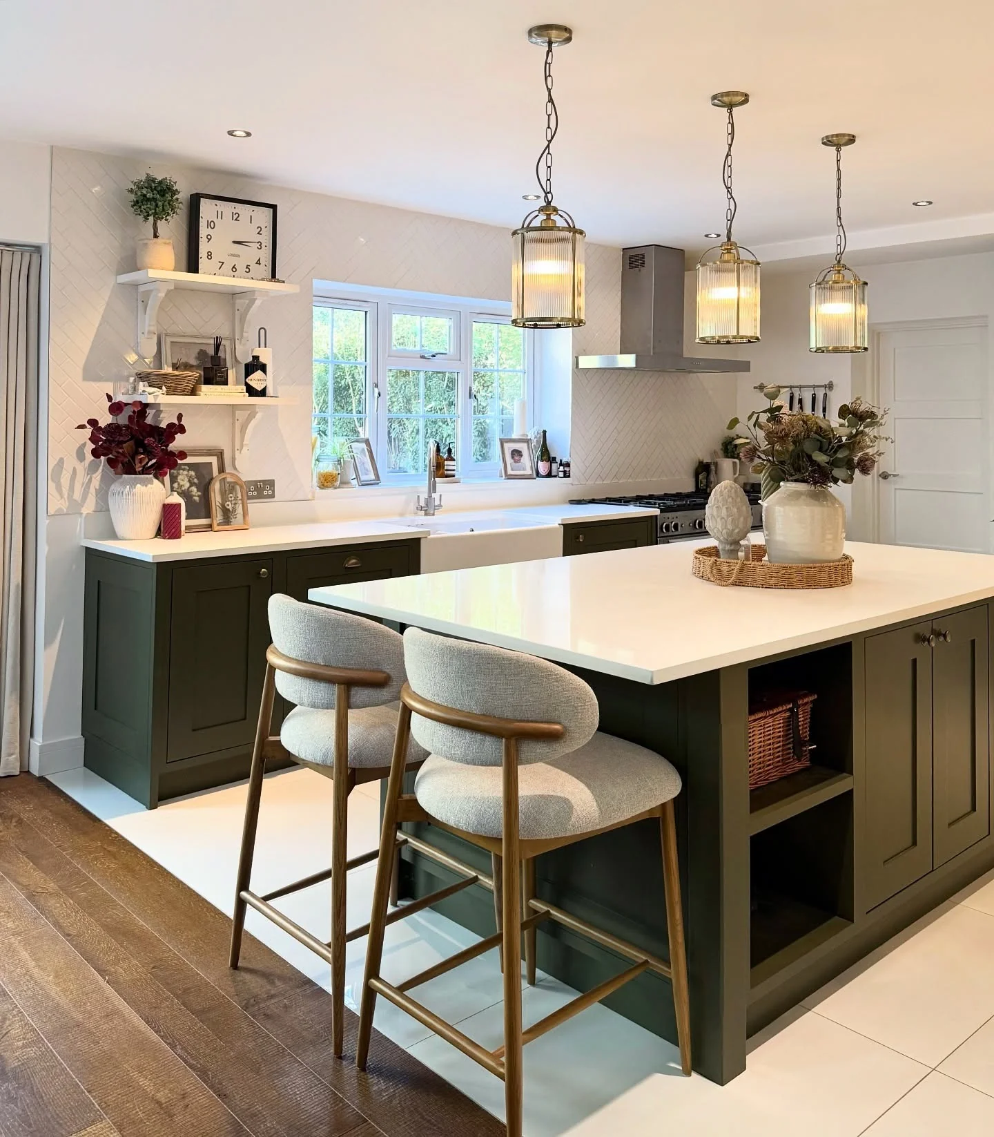 14. Classic Georgian Grid Window in an Olive and White Palette (Kitchen Window Ideas)