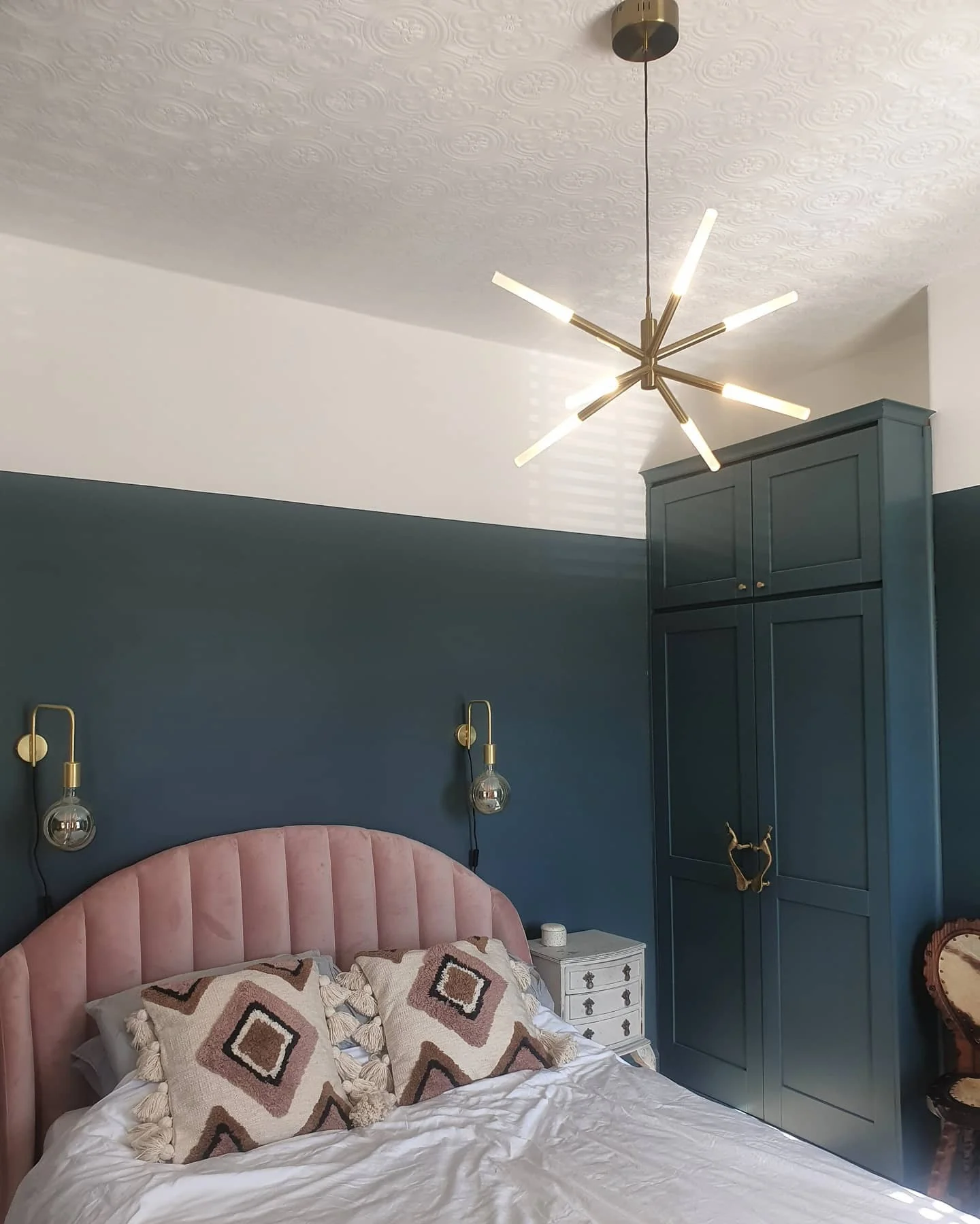 3. Blush and Brass Contrast (Dark Blue Bedroom Ideas)