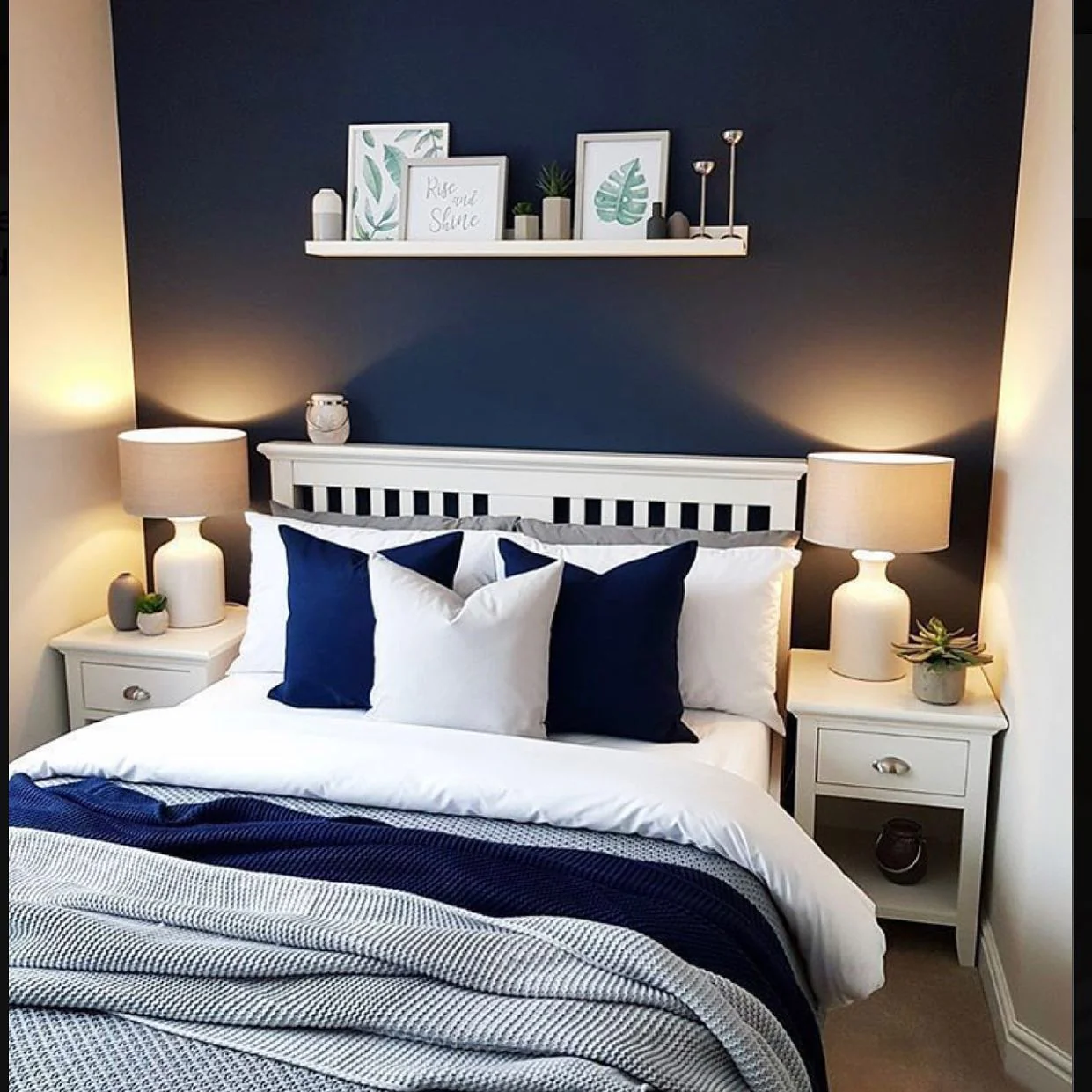 11. Classic Contrast with Navy and White (Dark Blue Bedroom Ideas)